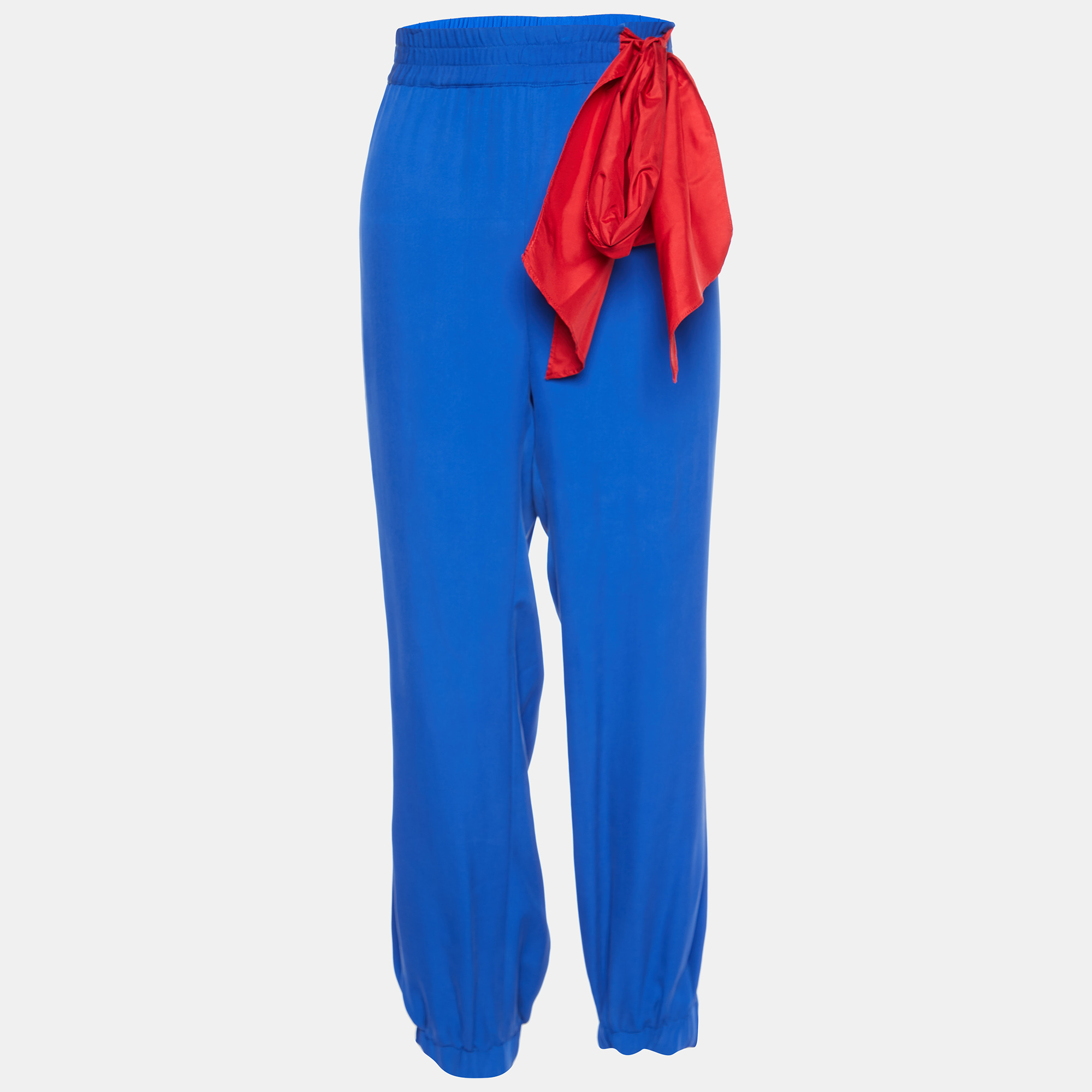 Pre-owned Red Valentino Blue Silk Contrast Tie Detail Joggers M