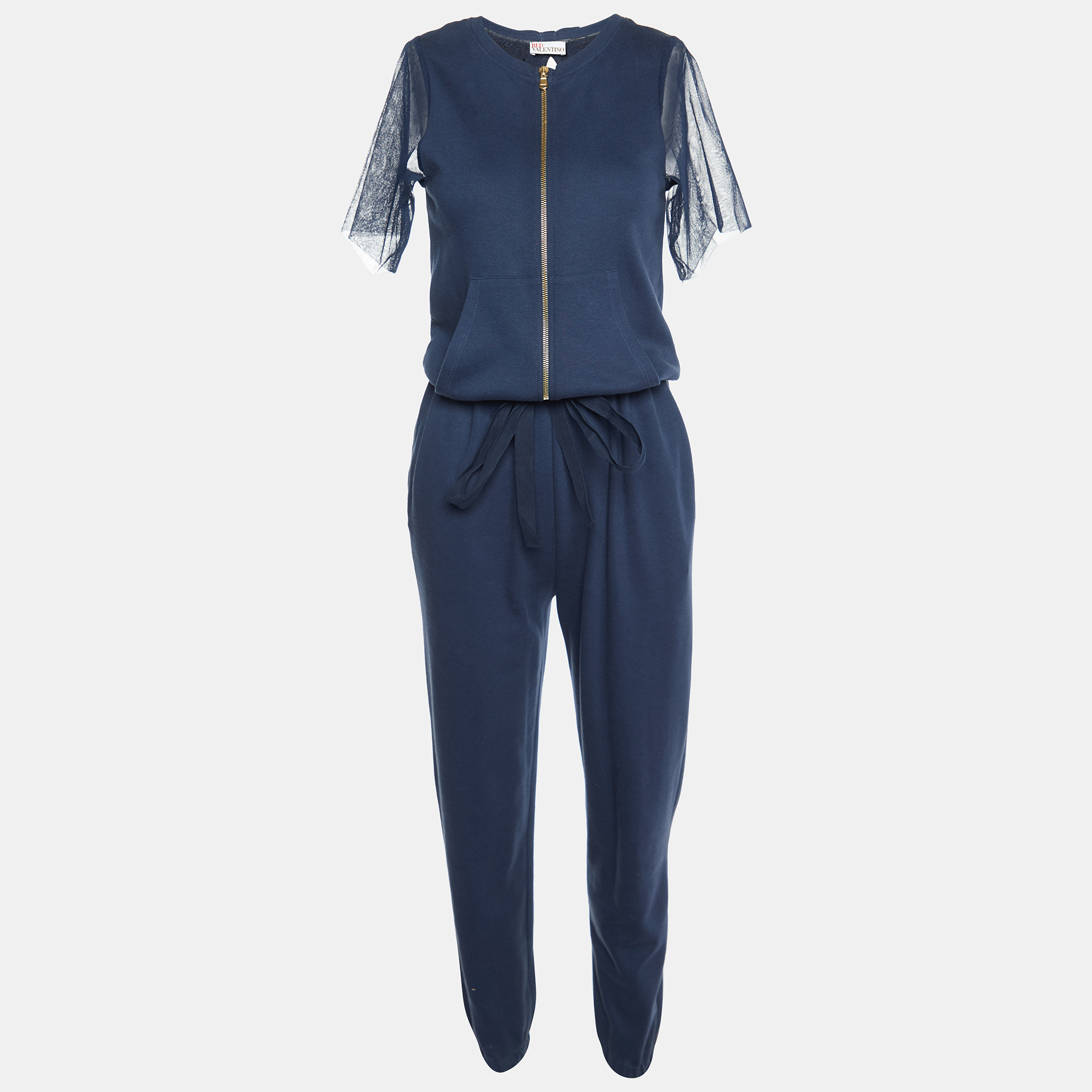 Pre-owned Red Valentino Navy Blue Cotton Knit & Lace Jumpsuit S
