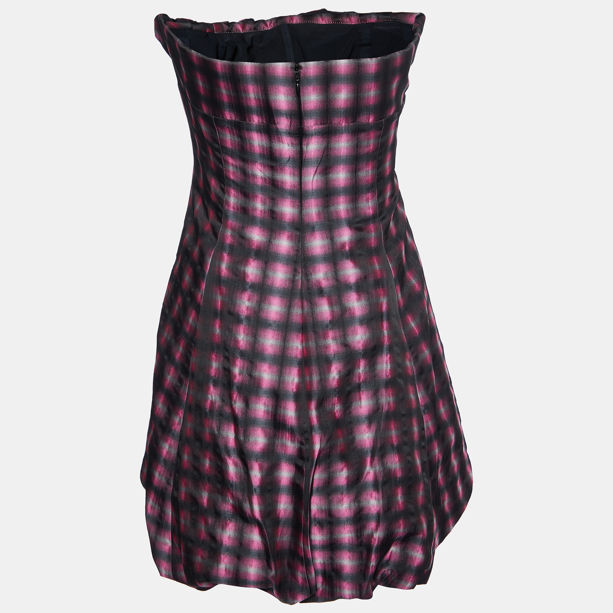 

RED Valentino Pink Checkered Satin Draped Strapless Mini Dress