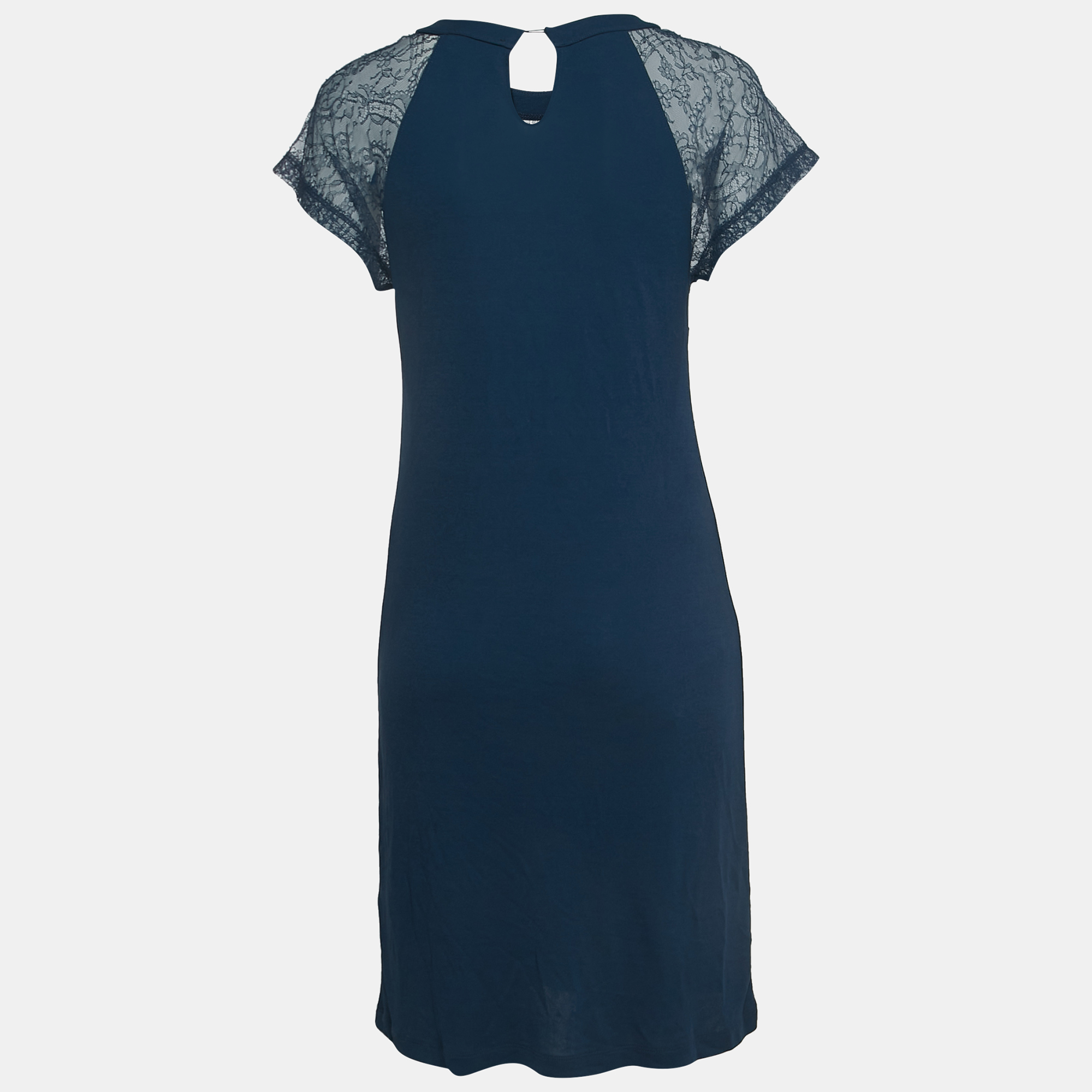 

RED Valentino Dark Blue Jersey Lace Trimmed Short Dress