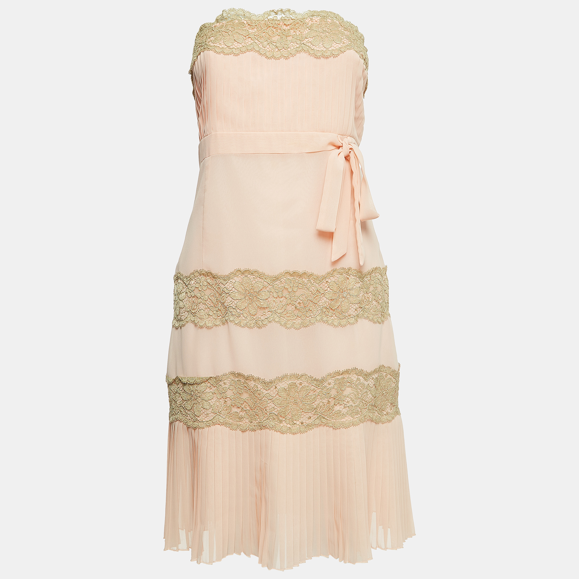 

RED Valentino Vintage Pink Crepe Lace Trimmed Strapless Mini Dress