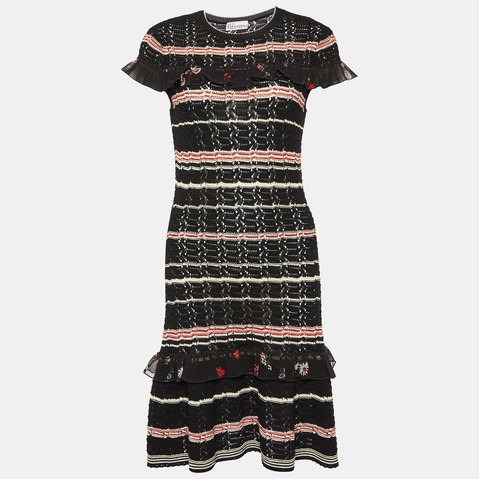 

RED Valentino Black Perforated Knit Ruffled Dress