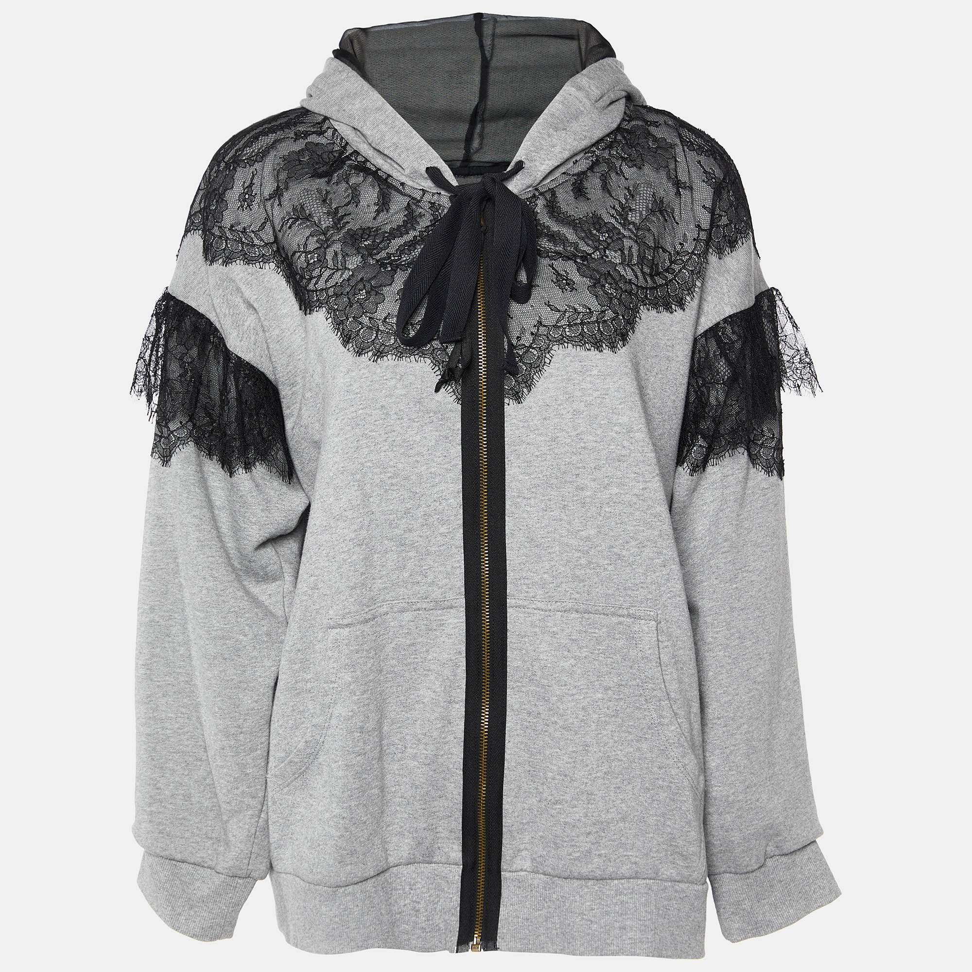 

RED Valentino Grey Cotton Lace Trim Hooded Zip Up Jacket