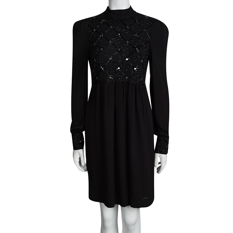 

Red Valentino Black Embellished Mandarin Collar Long Sleeve Dress