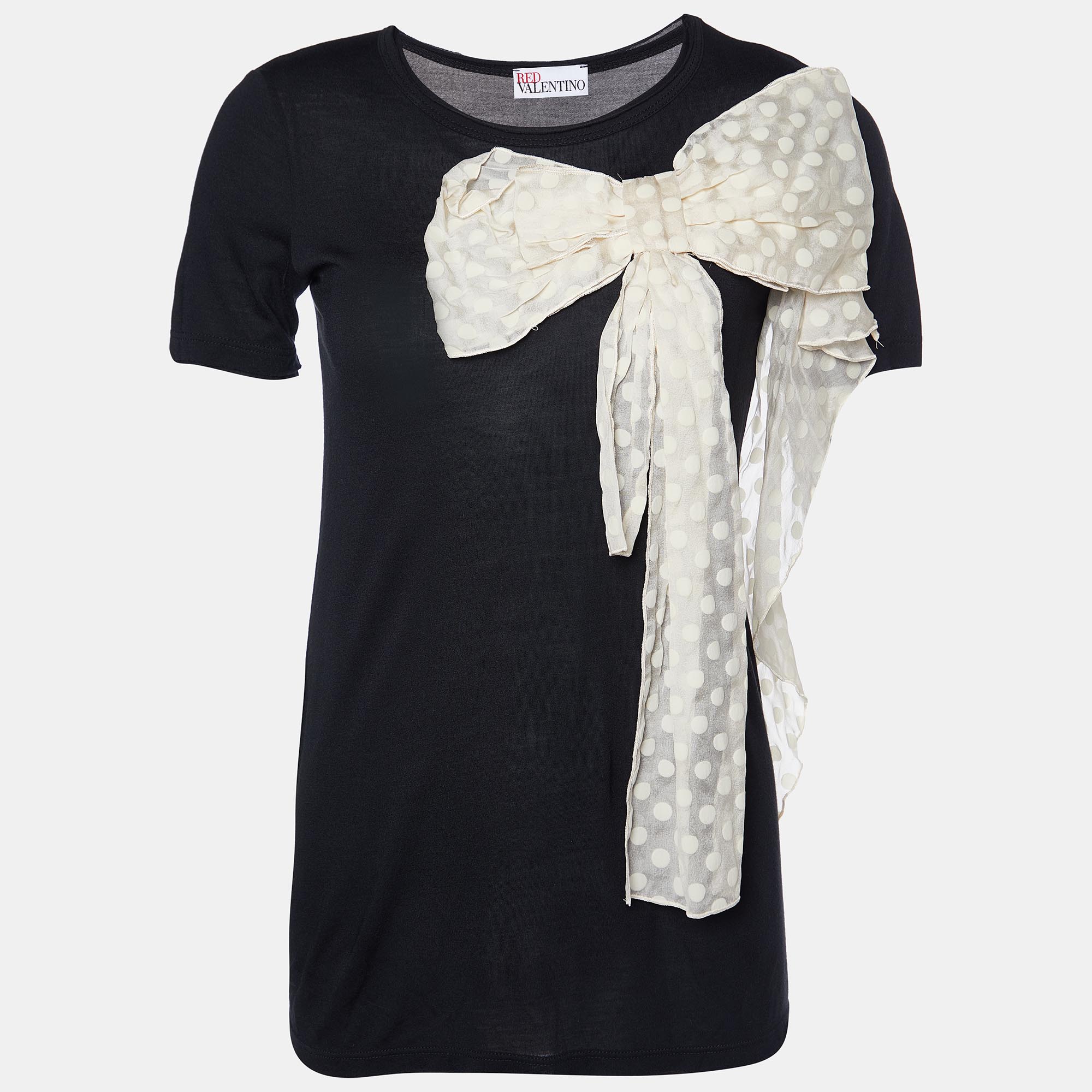 

Red Valentino Black Jersey Contrast Bow Detail Raw Edged Top