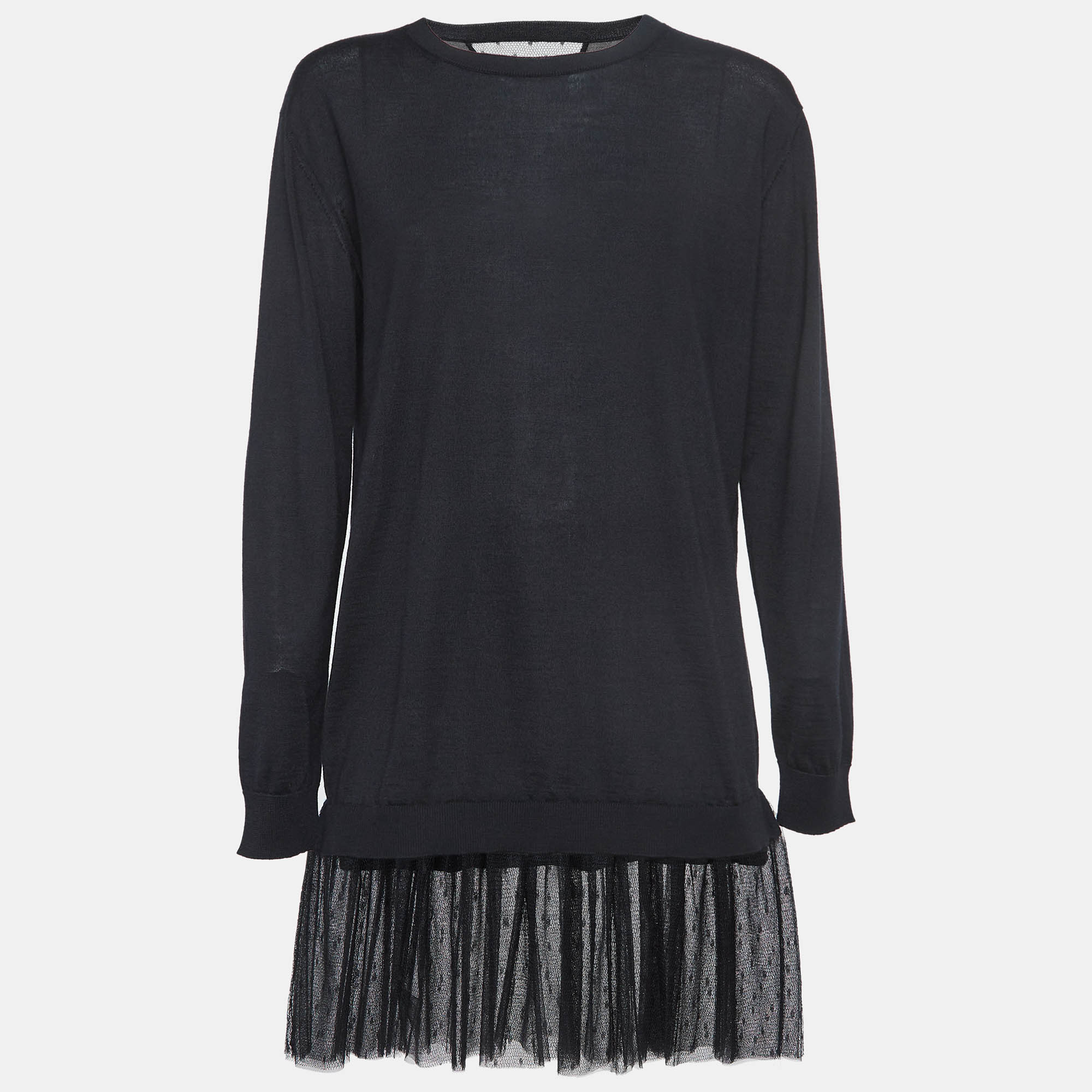 

RED Valentino Black Mesh Trim Knit Long Sleeve Mini Dress