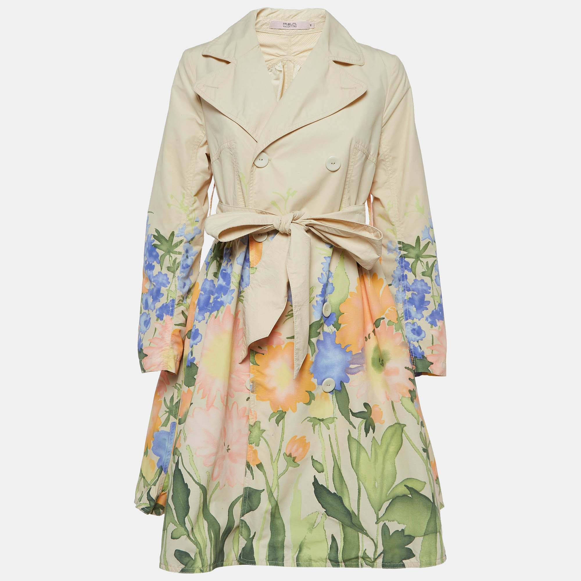 RED Valentino Cream Floral Print Crepe Belted Mid-Length Coat M