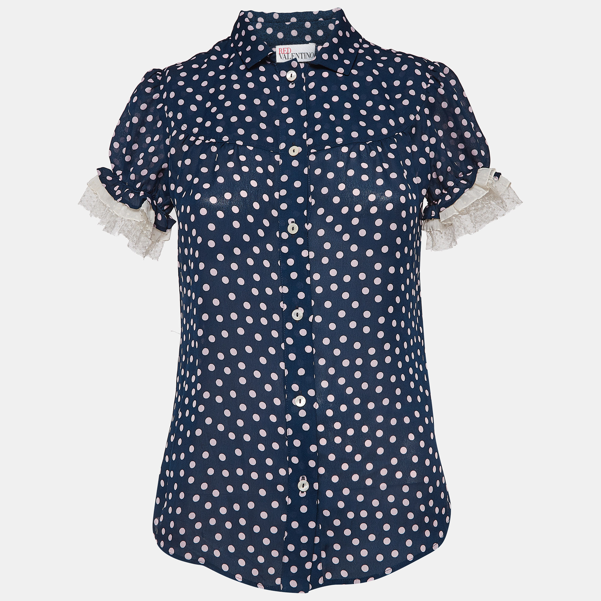 

RED Valentino Navy Blue Dotted Crepe Puff Sleeve Blouse S