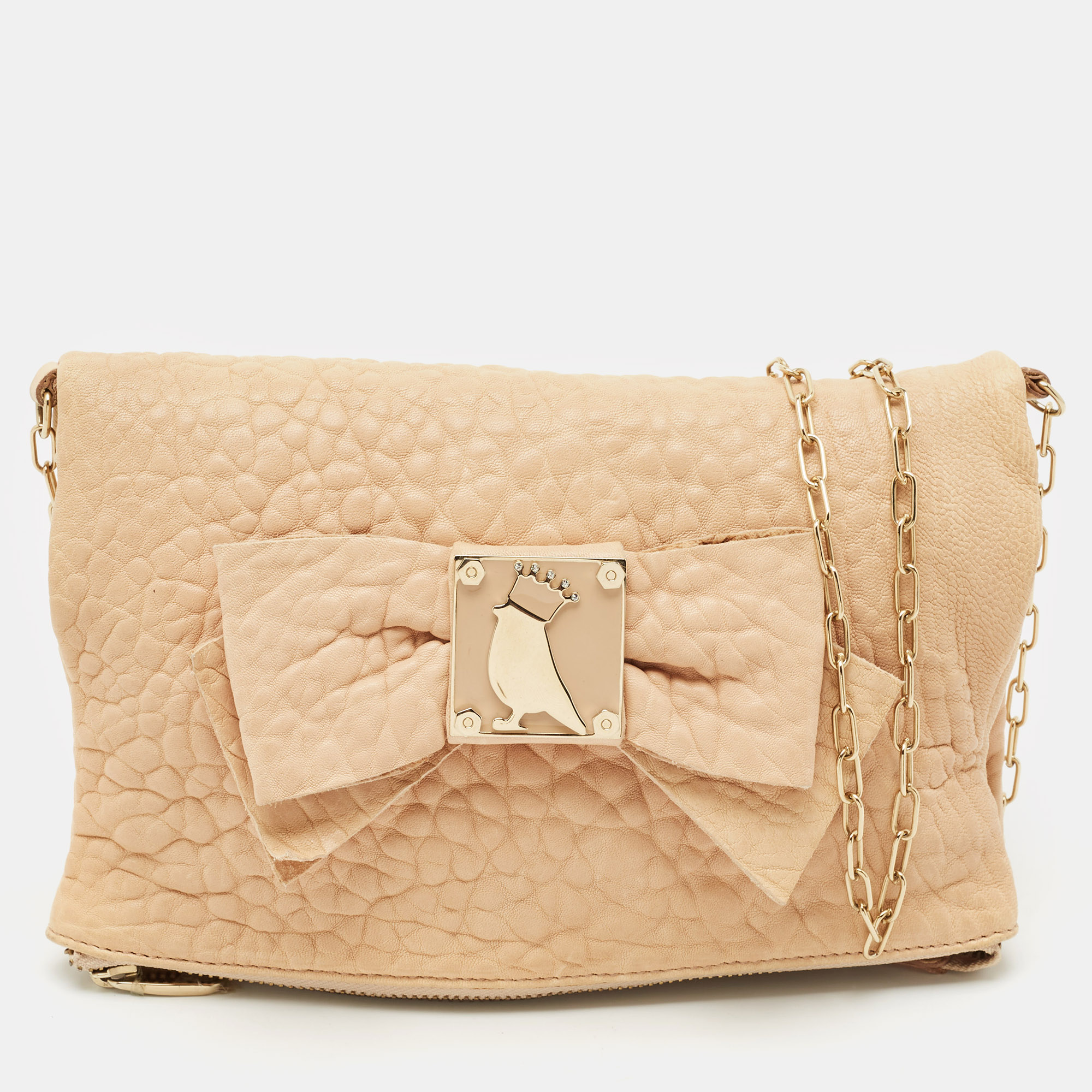 

RED Valentino Beige Leather Bow Fold Over Chain Shoulder Bag