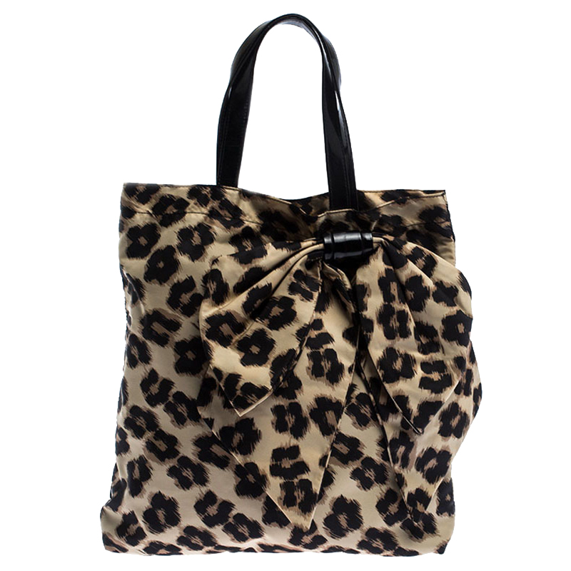 Pre Owned RED Valentino Black/Beige Leopard Print Nylon Bow Tote