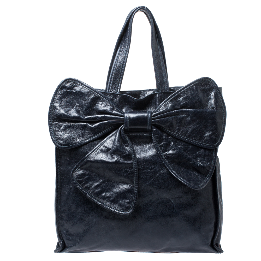 Red Valentino Navy Blue Crinkled Leather Bow Tote bag