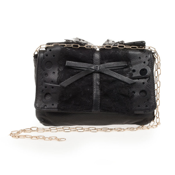 Pre Owned RED Valentino Black Satin And Lace Chain Strap Evening Bag