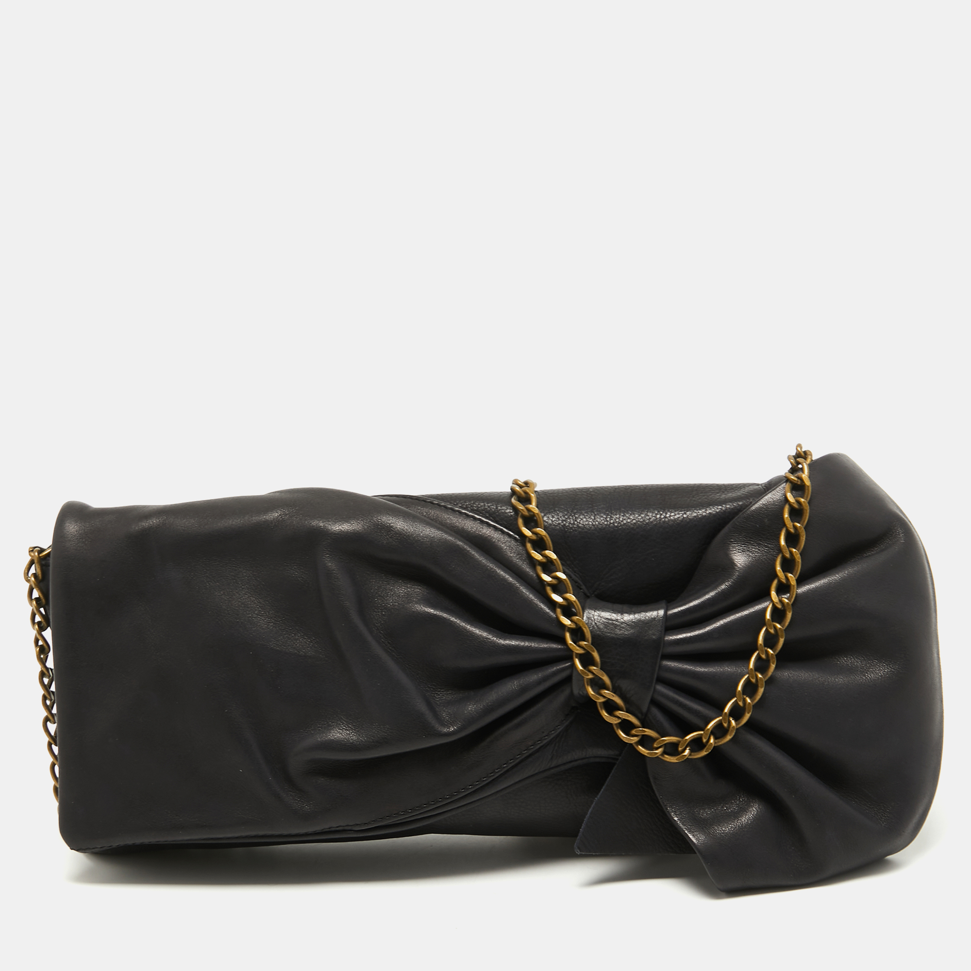 Pre Owned RED Valentino Black Leather Bow Chain Clutch