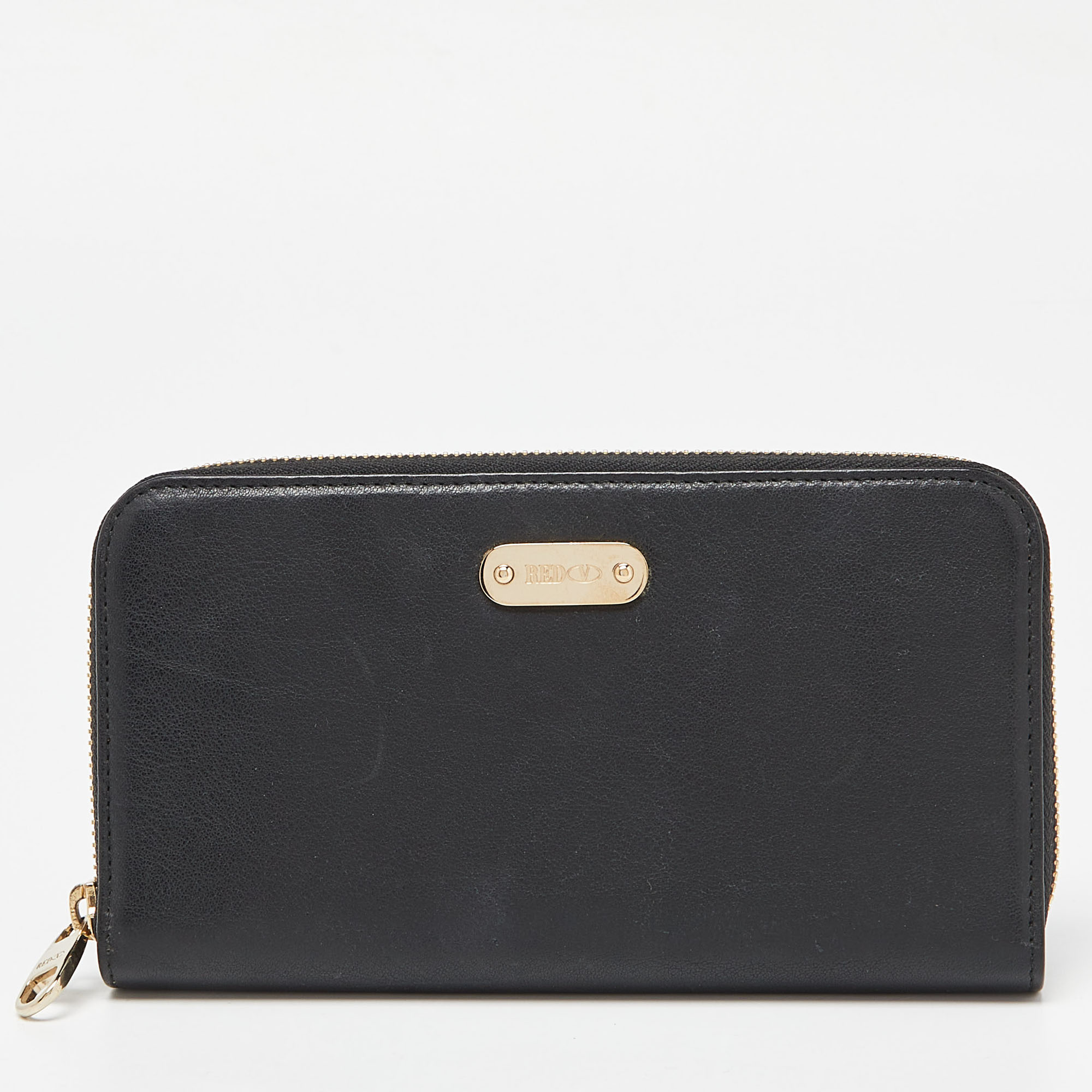Pre-owned Red Valentino Black Leather Zip Around Wallet