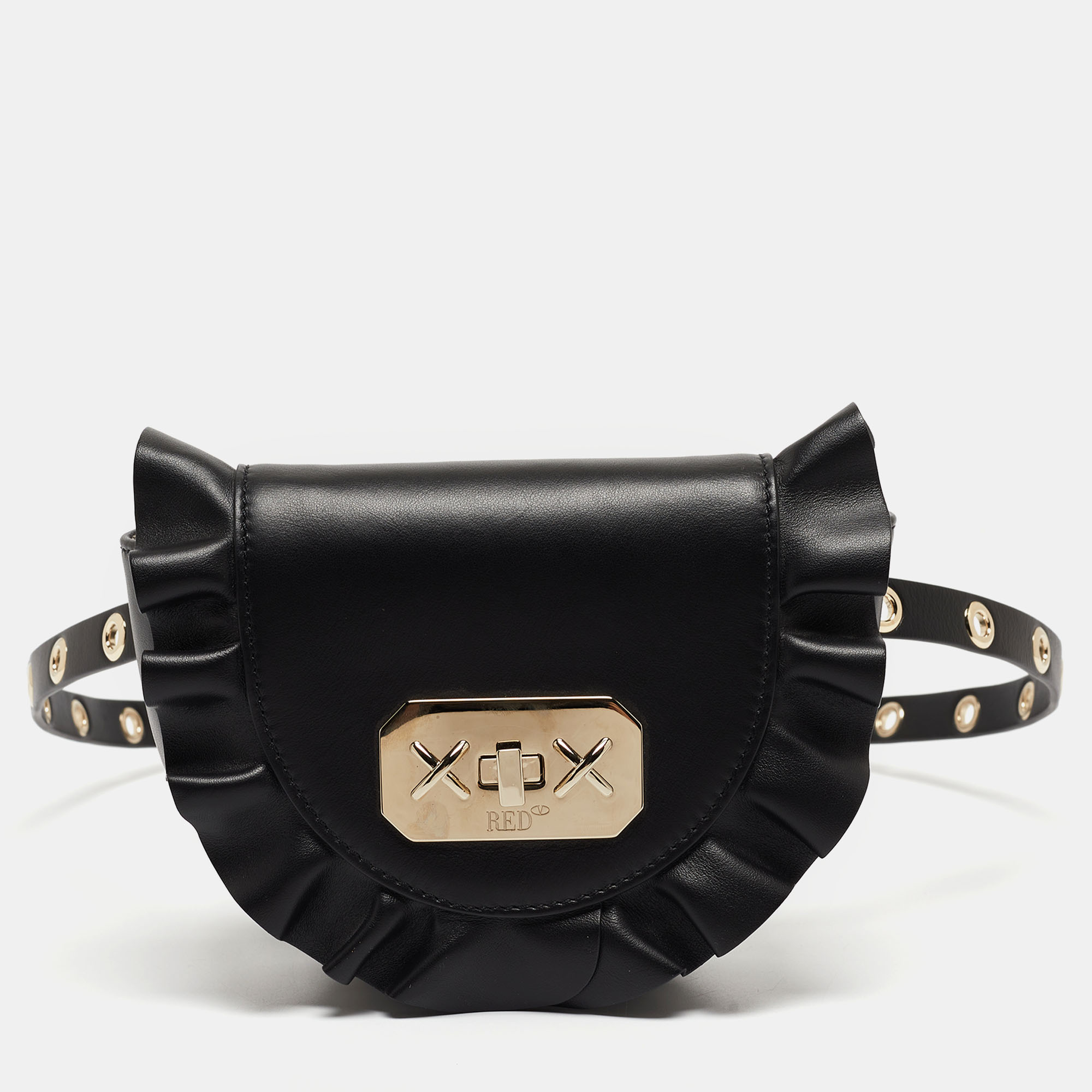 Pre-owned Red Valentino Black Leather Ruffle Convertible Belt Bag