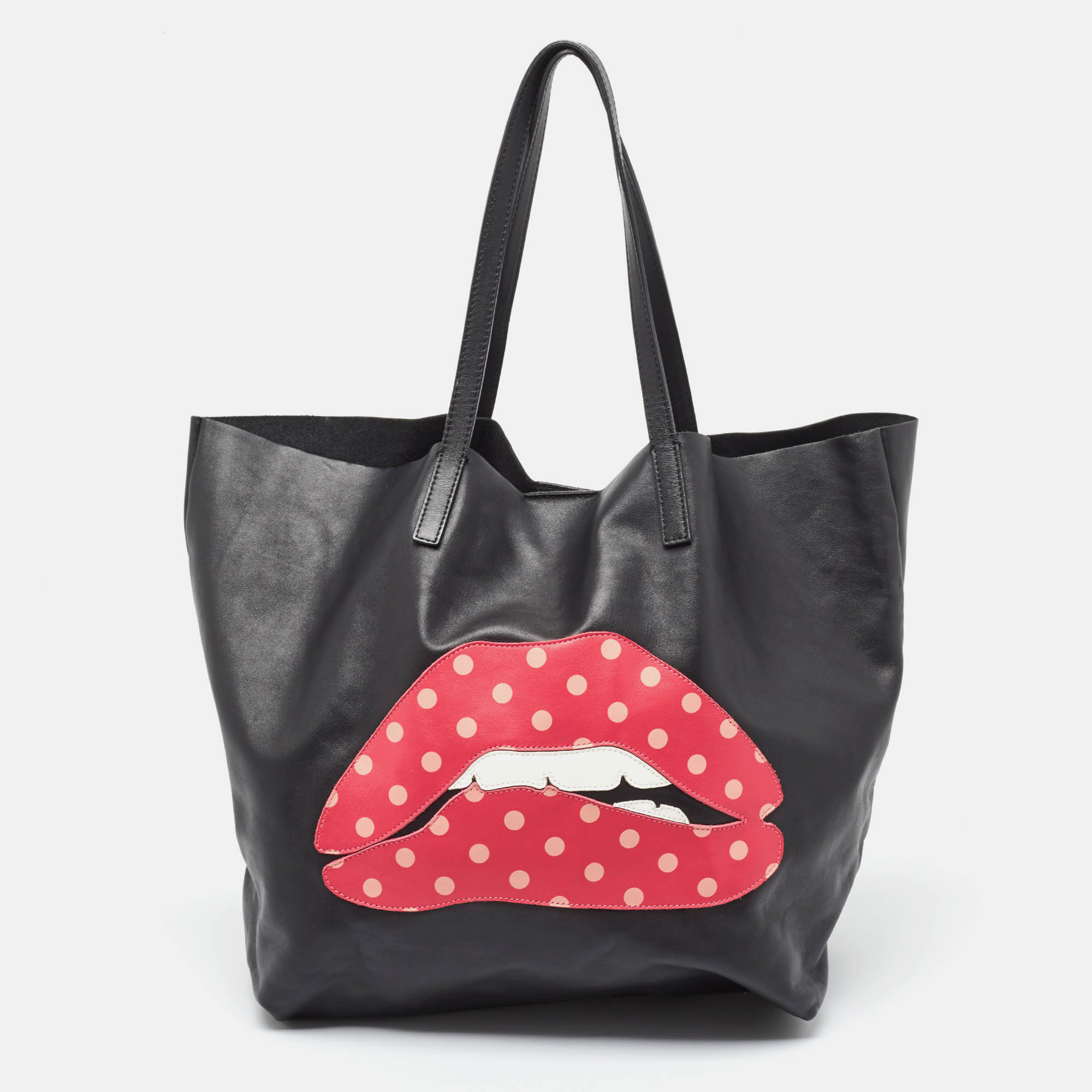 

RED Valentino Black Leather Lips Shopper Tote