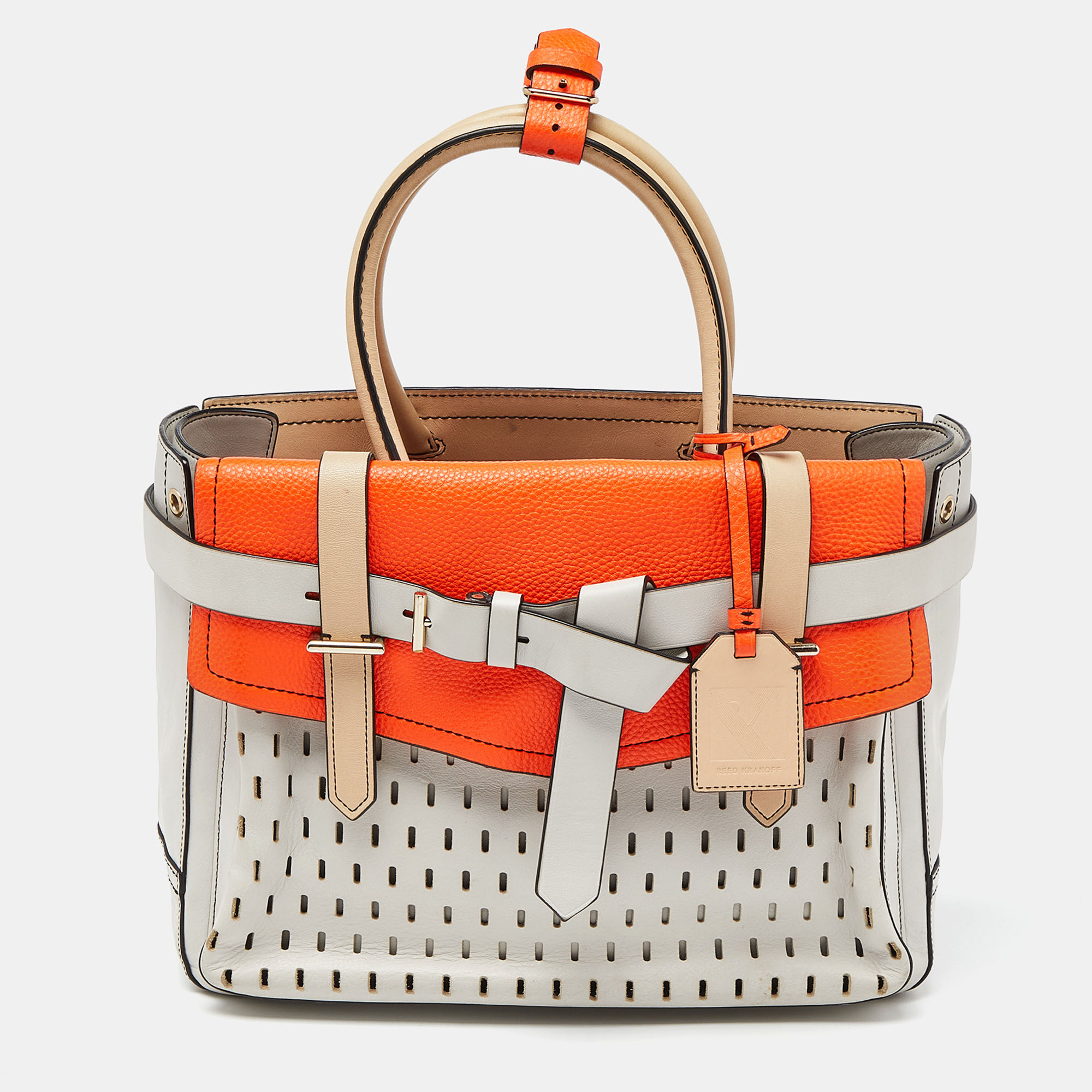 Pre-owned Reed Krakoff Orange/off White Leather Gator Boxer Ii Tote