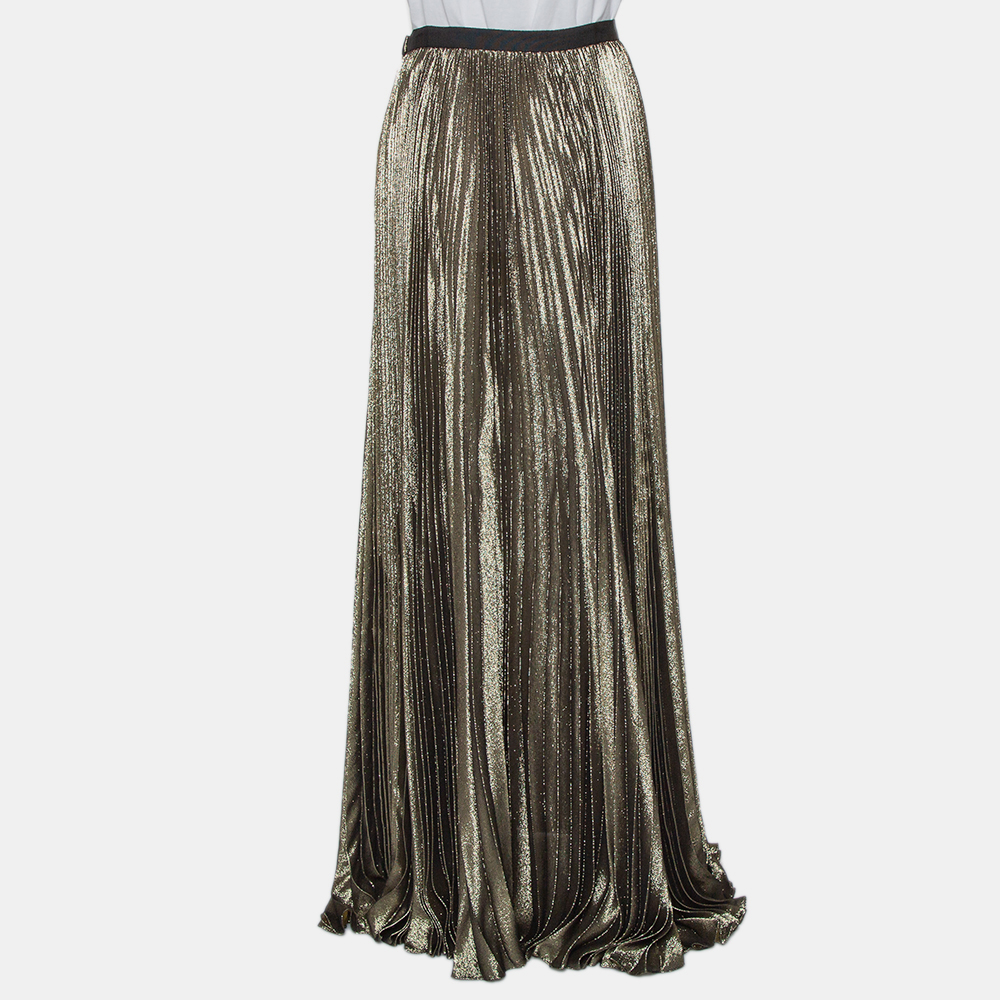 Pre-owned Reem Acra Gold Lurex Silk Pleated Maxi Skirt M