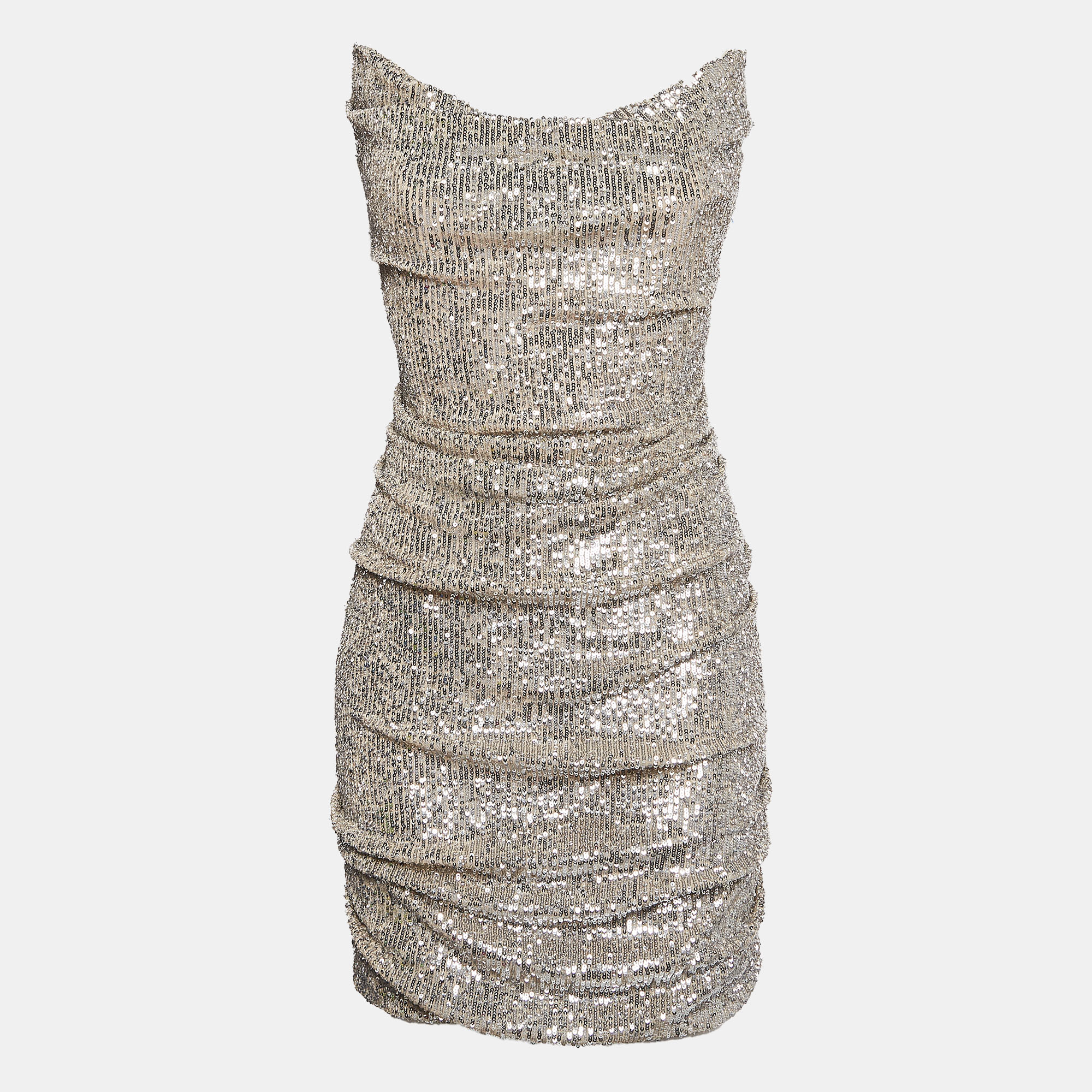 

Reem Acra Silver Sequin Ruche Strapless Mini Dress L