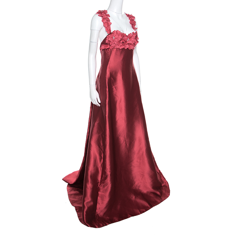 

Reem Acra Red Silk Floral Applique Bodice Detail Embellished Gown
