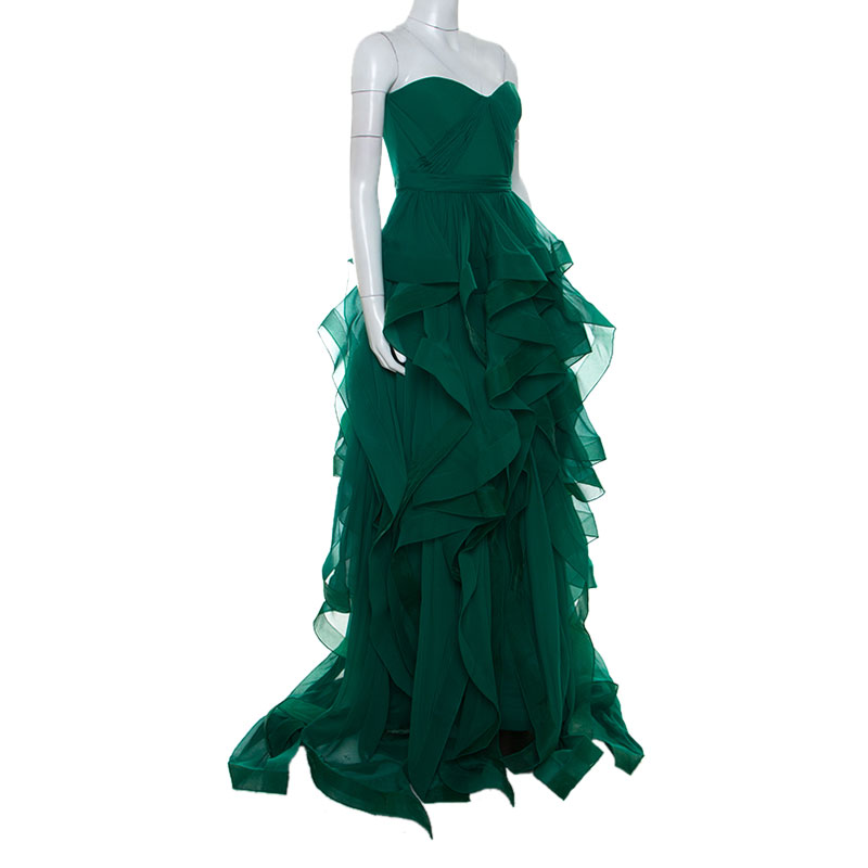 

Reem Acra Green Chiffon Silk Layered Ruffle Strapless Gown