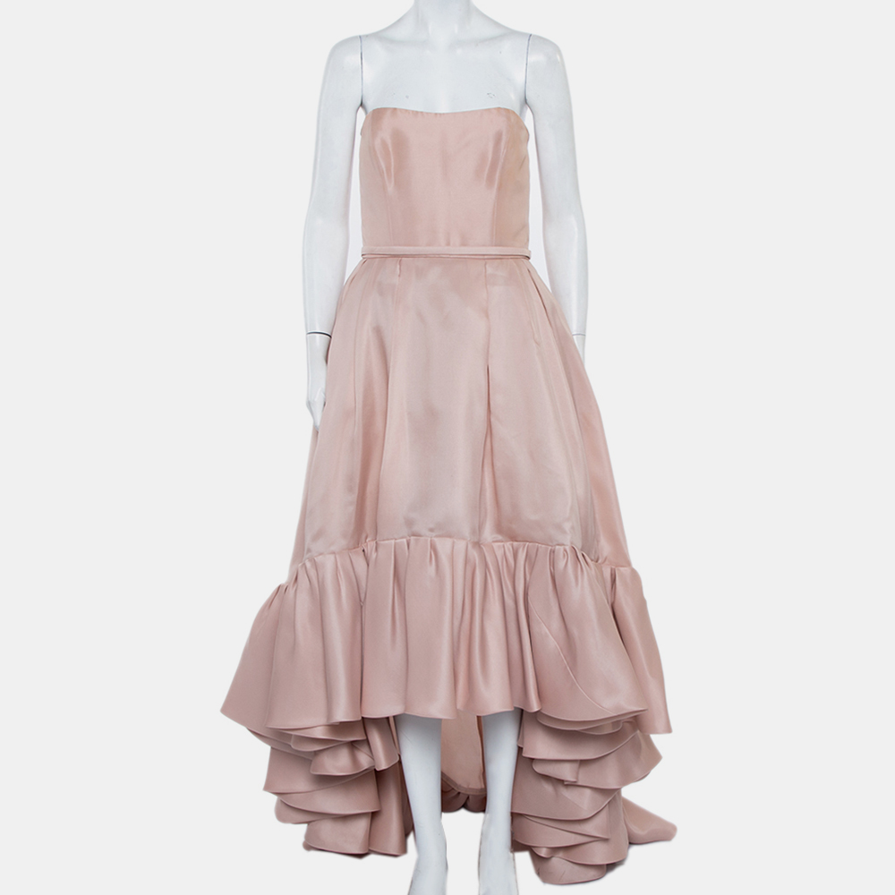 Pre-owned Reem Acra Pink Silk Ruffled Asymmetric Hem Strapless Gown M