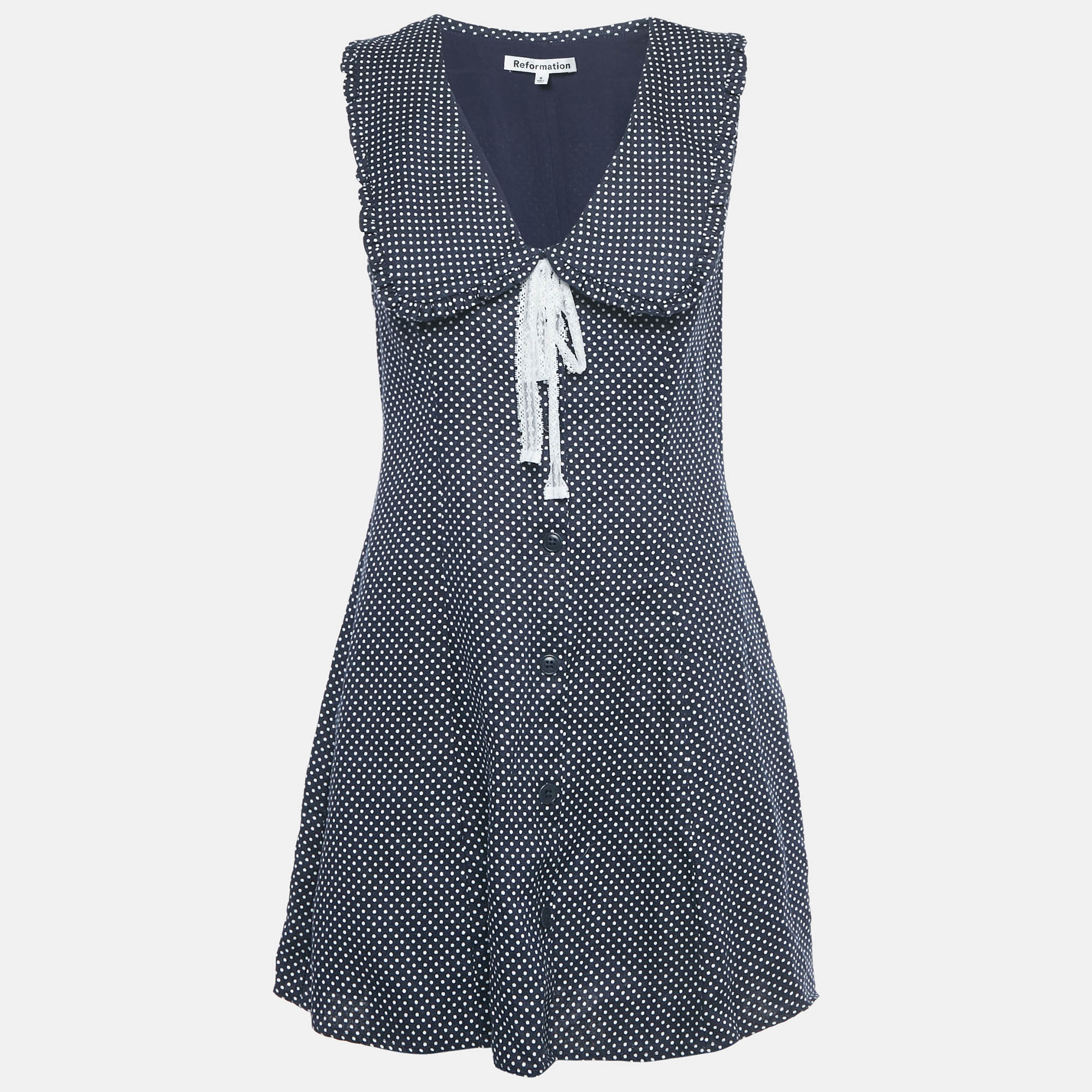 Pre-owned Reformation Blue Polka Dots Print Linen Sleeveless Mini Dress M