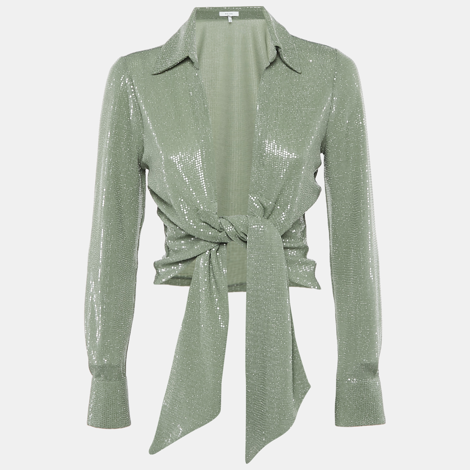 

Reiss Green Sequin Jersey Tie-Up Detail Liana Crop Top S
