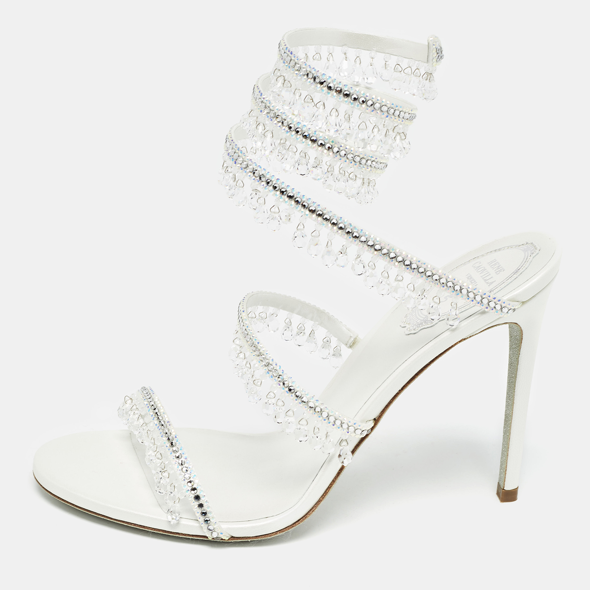 

Rene Caovilla White Satin Crystal Embellished Chandelier Sandals Size