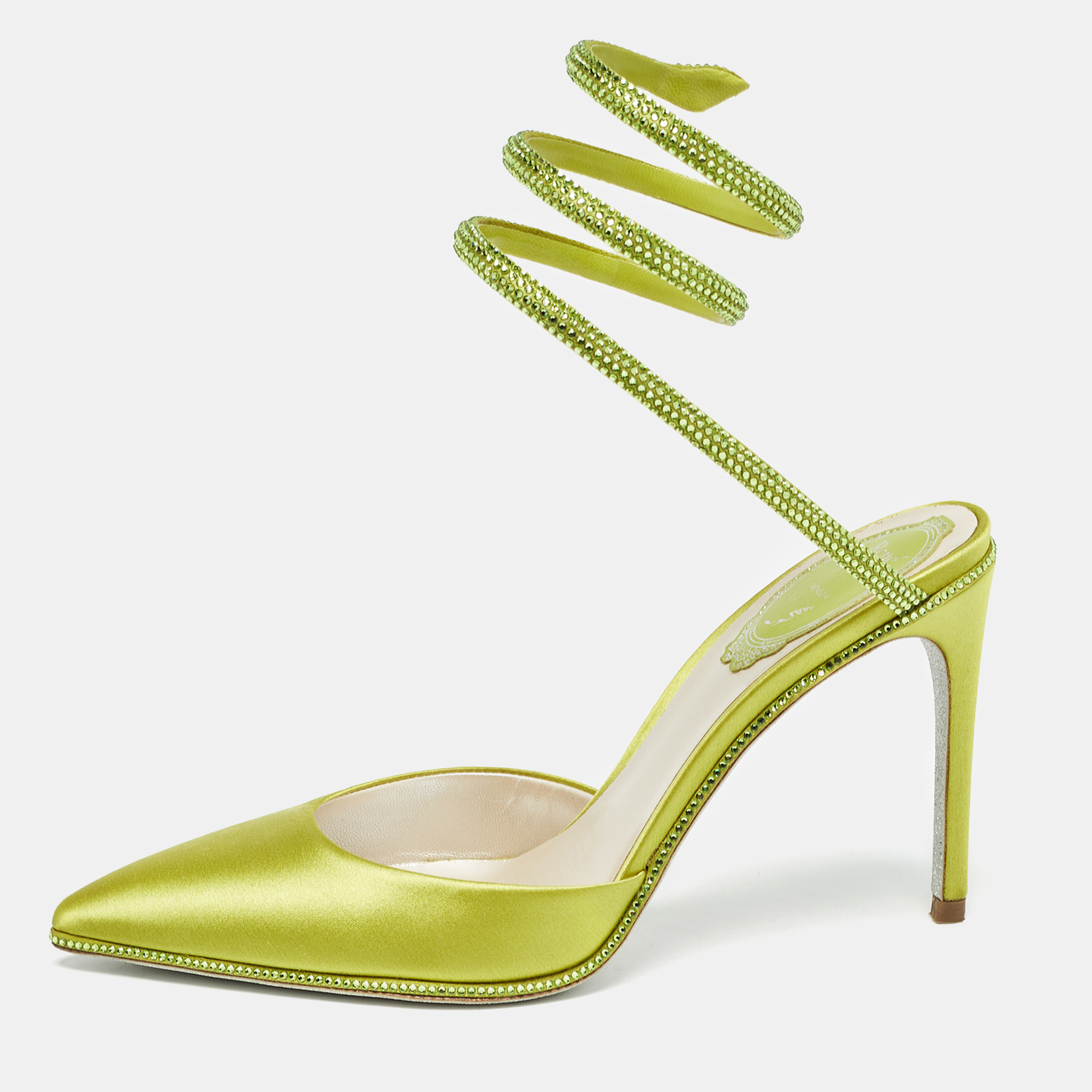 

René Caovilla Green Satin Crystal Embellished Cleo Pumps Size