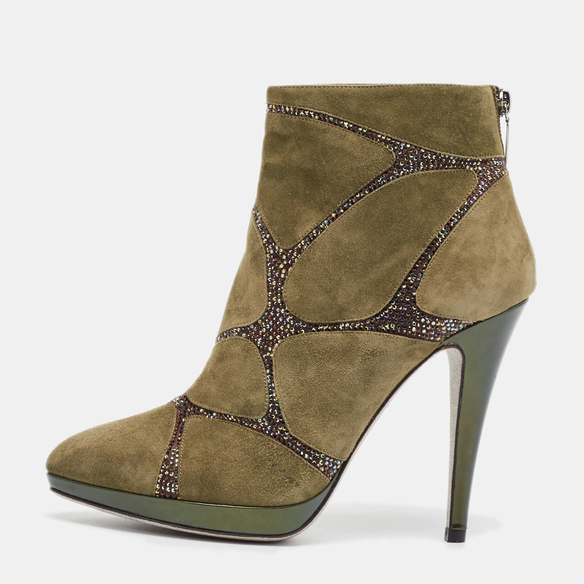 

René Caovilla Green Suede Ankle Length Boots Size