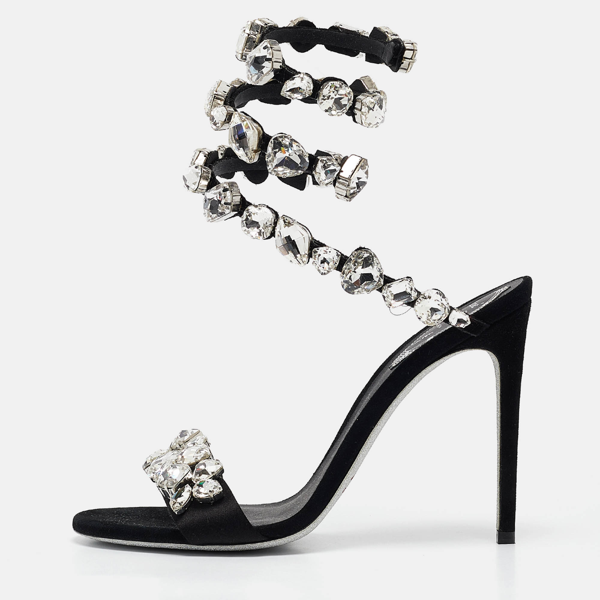 

René Caovilla Black Suede Crystal Embellished Ankle Strap Sandals Size