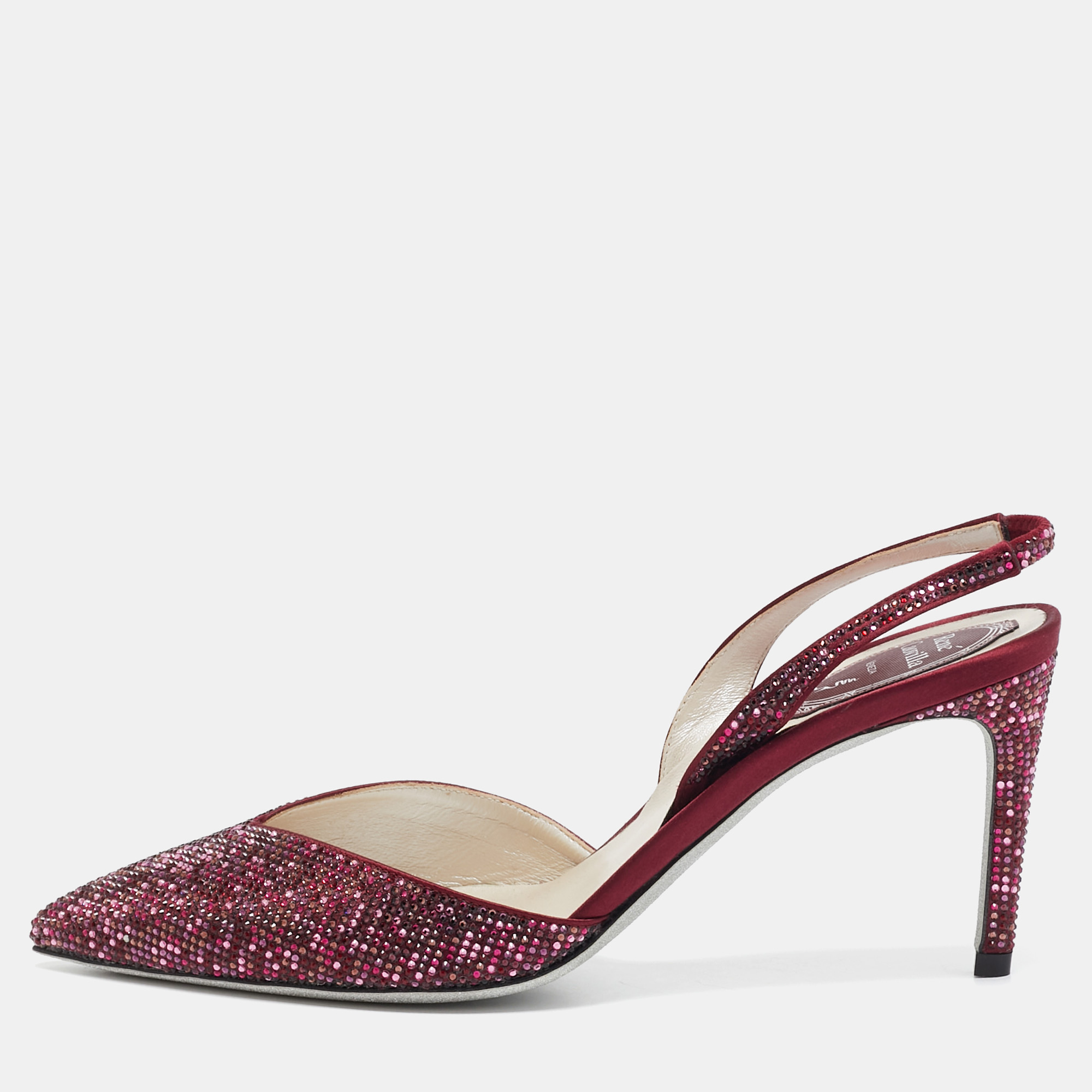 

René Caovilla Two Tone Crystal Embellished Satin Slingback Pumps Size, Burgundy