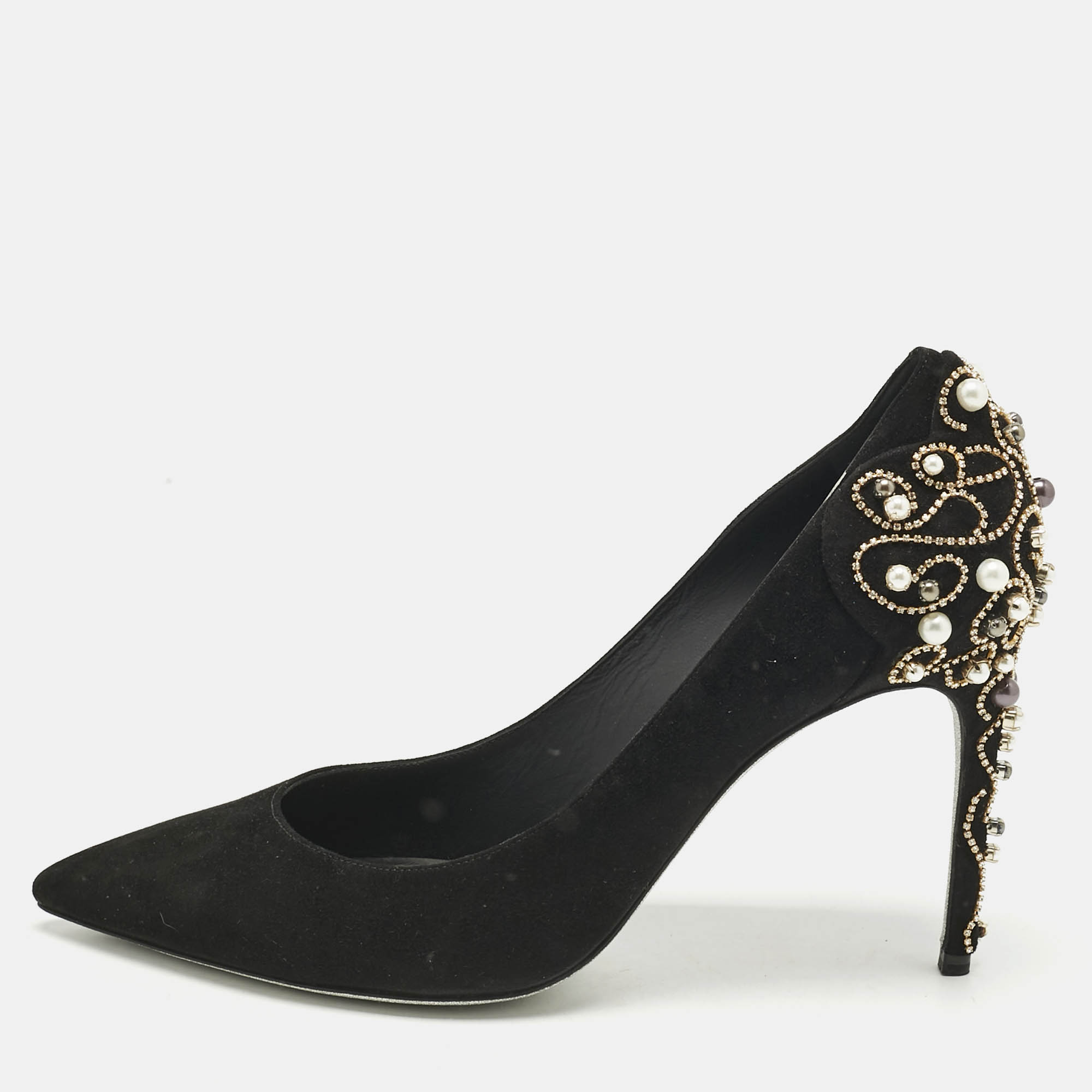 Pre-owned René Caovilla Black Suede Crystal And Pearls Embellished Pumps Size 40