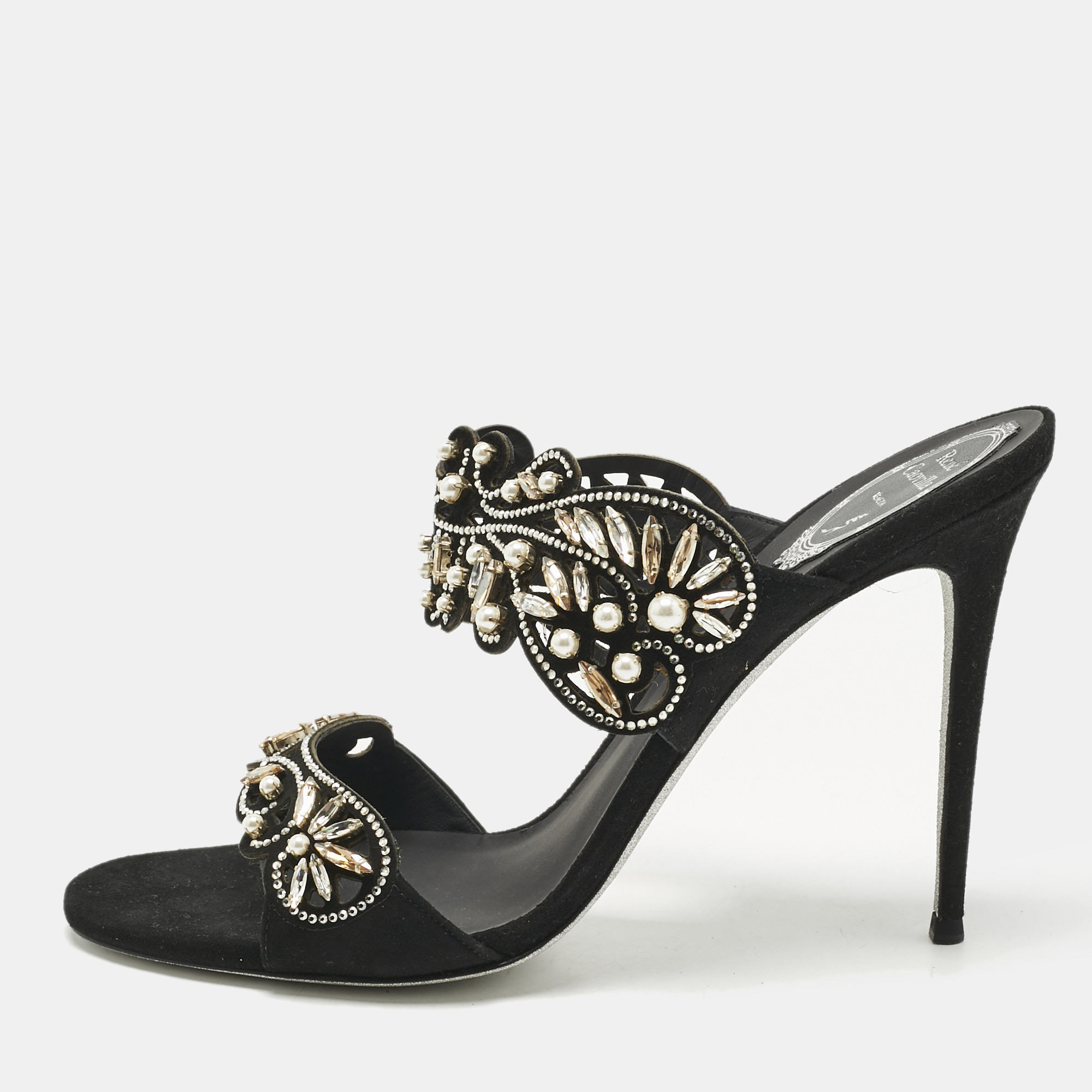 

René Caovilla Black Suede Crystal Embellished Slide Sandals Size