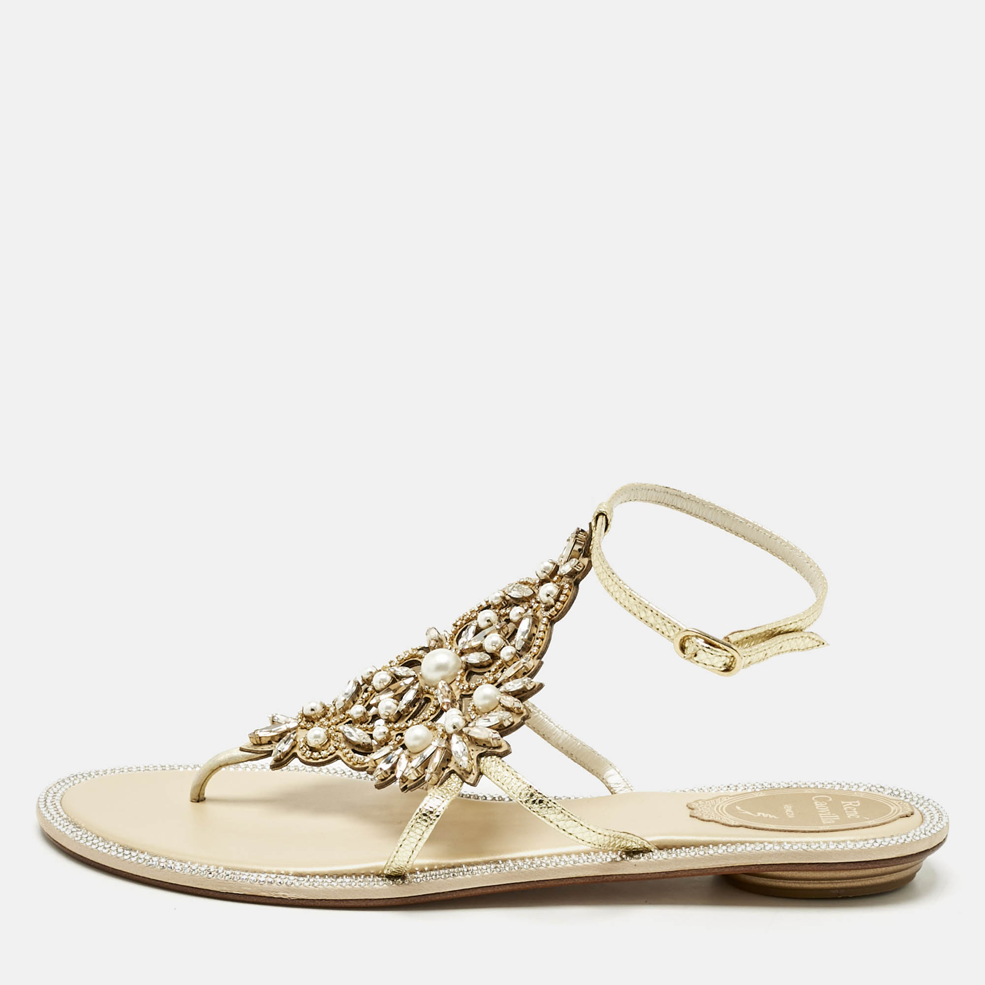 

René Caovilla Gold Karung Leather Crystal Embellished Flat Sandals Size