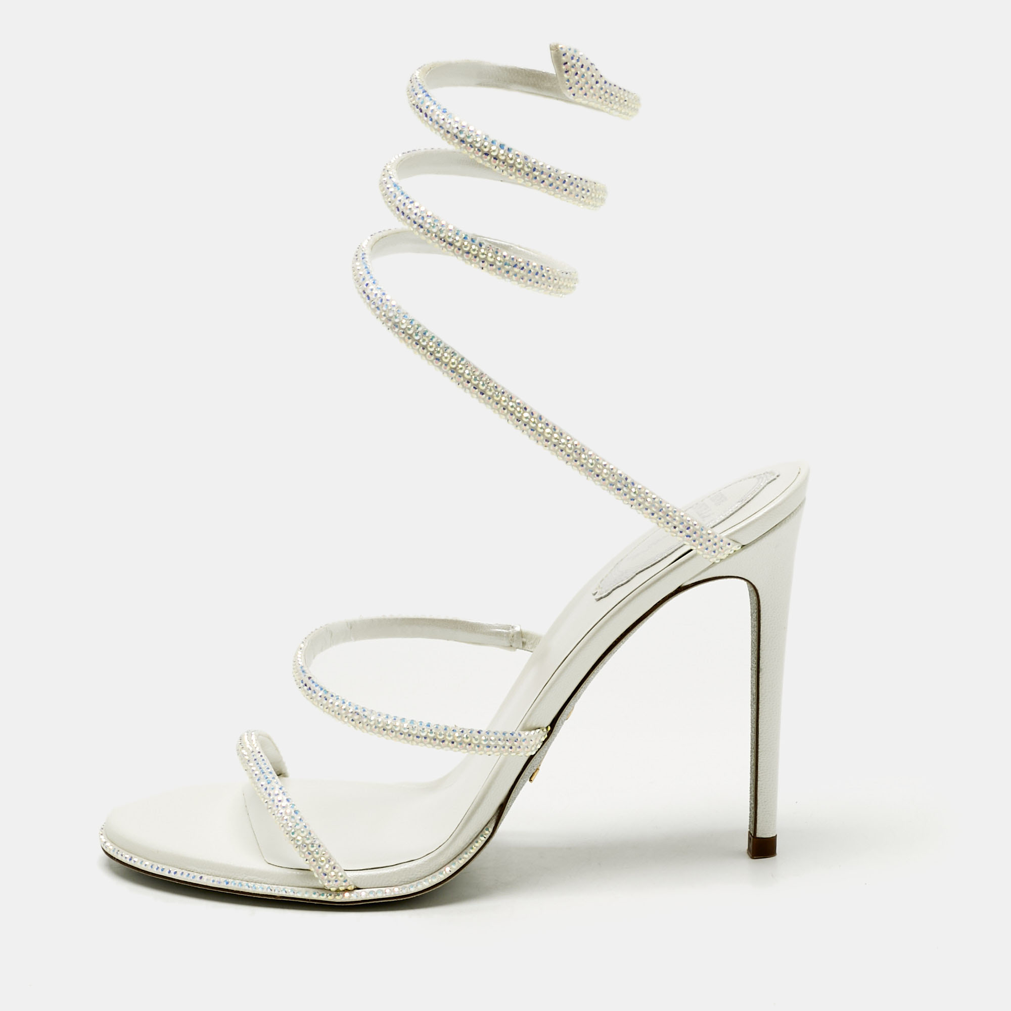 

René Caovilla White Satin Cleo Crystals Sandals Size