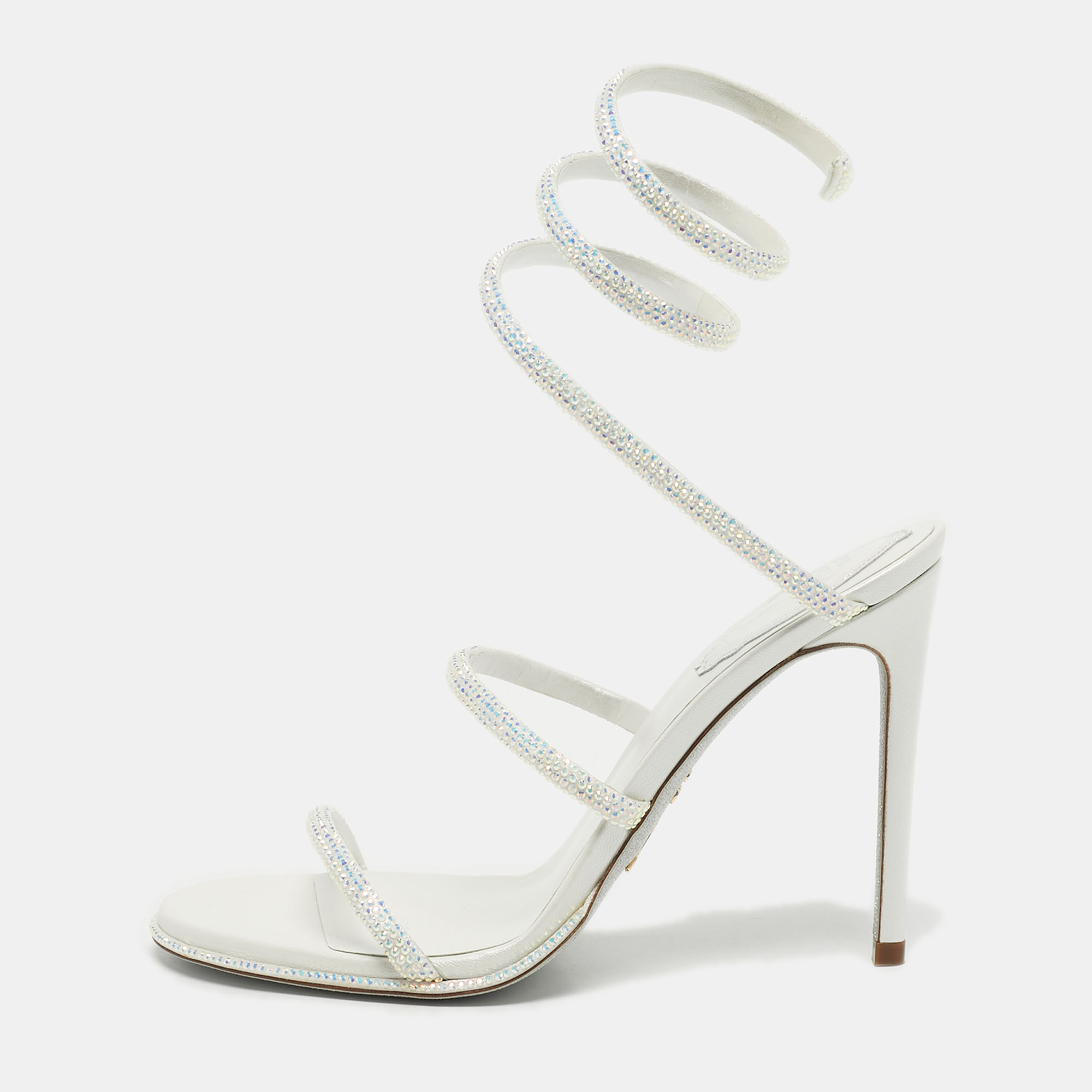 

René Caovilla White Leather Cleo Crystals Sandals Size 37