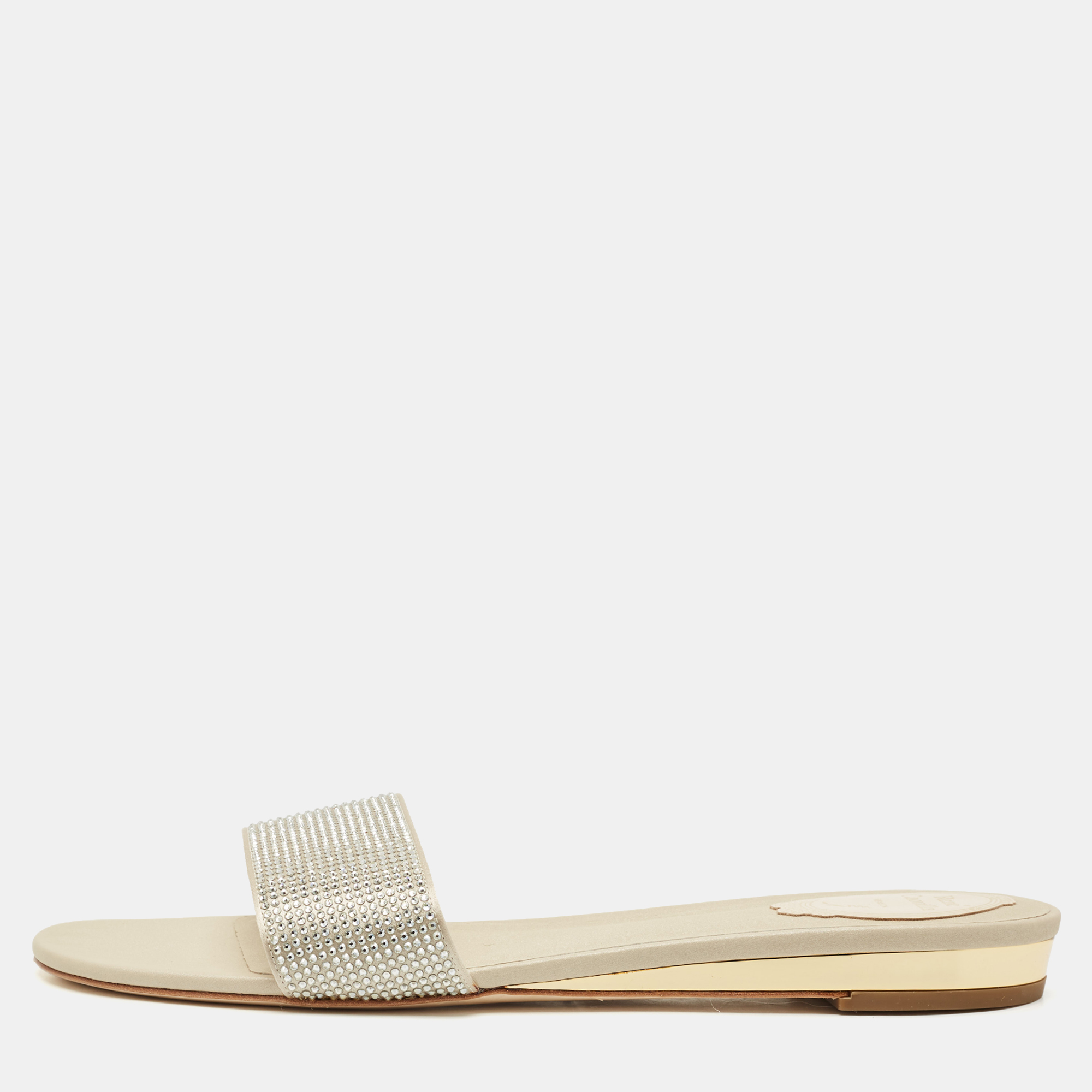 Pre-owned René Caovilla Light Gold Satin Crystals Embellished Flat Slides Size 41