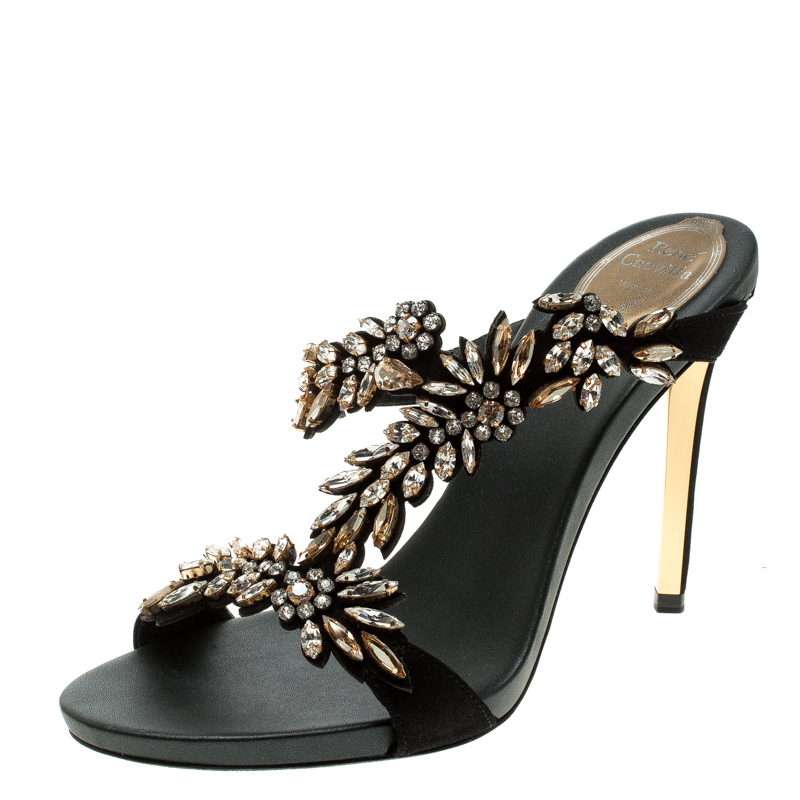 René Caovilla Black Shimmering Leather and Crystal Embellished Sandals Size 38