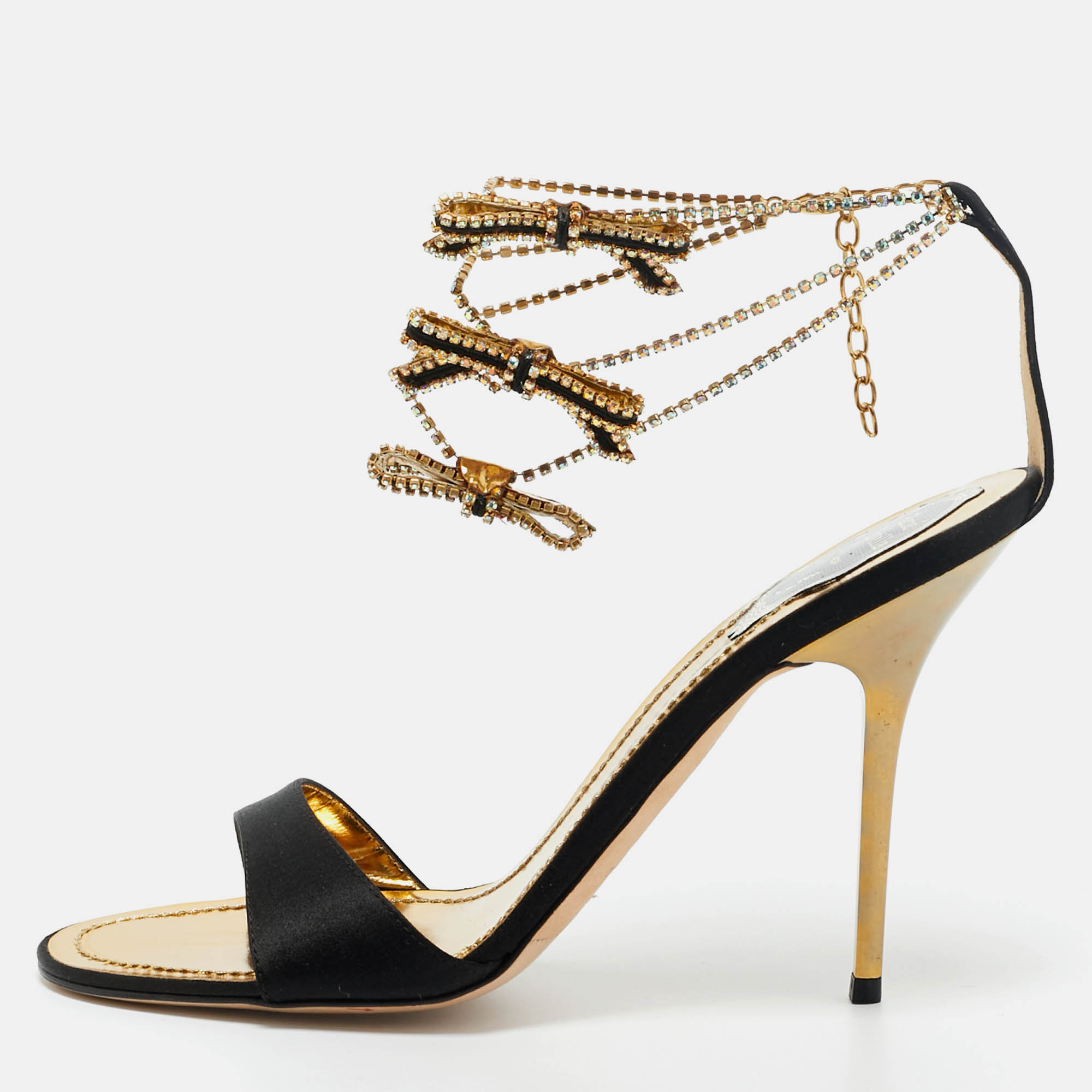 Pre-owned René Caovilla Black Satin Crystal Embellished Ankle Strap Sandals Size 39.5