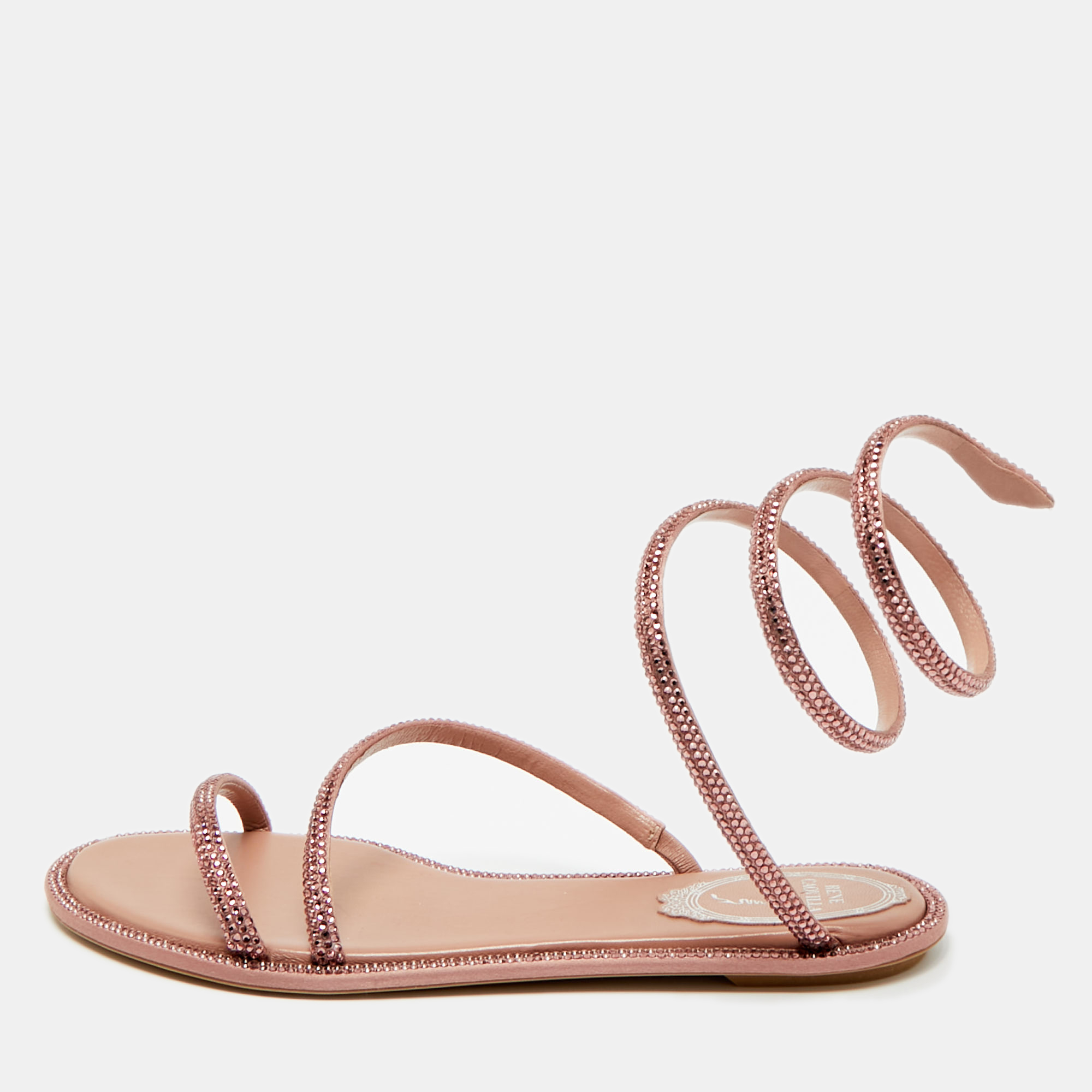

René Caovilla Pink Satin Cleo Ankle Wrap Flat Sandals Size