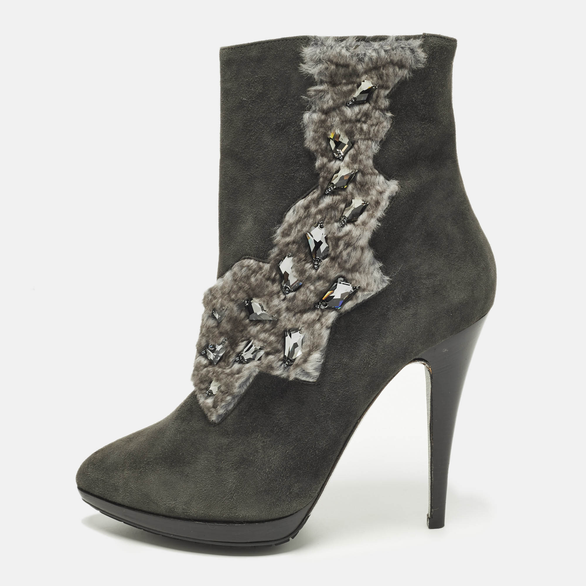 Pre-owned René Caovilla Size 40 Grey Fur And Suede Ankle Boots In Gray