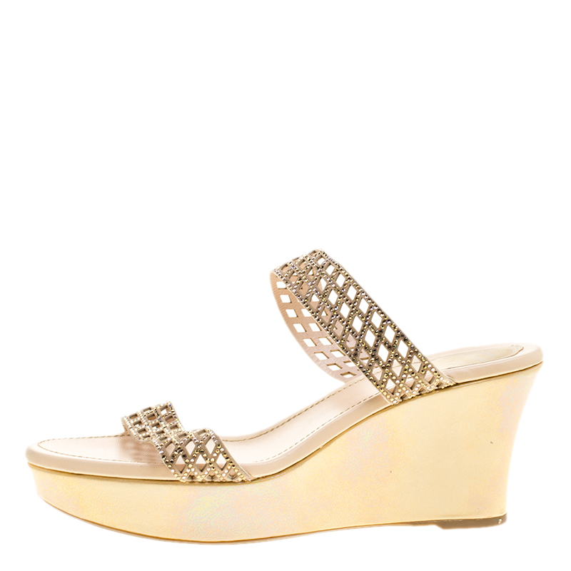 

René Caovilla Beige Crystal Embellished Laser Cut Suede Wedge Slides Size