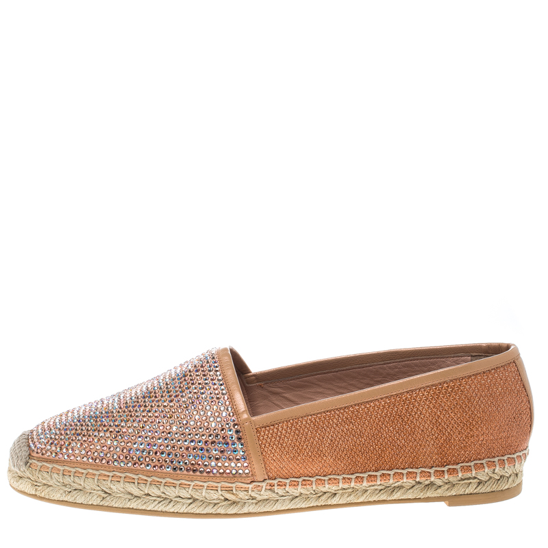 

René Caovilla Peach Pink Canvas and Crystal Embellished Satin Espadrille Size