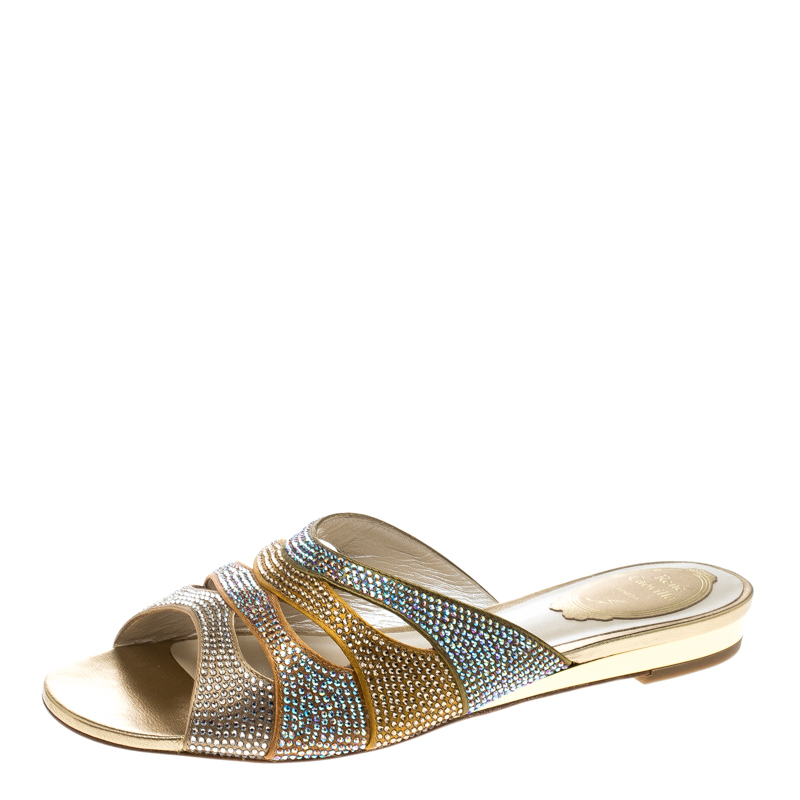 René Caovilla Multicolor Crystal Embellished Satin Flat Slides Size 37