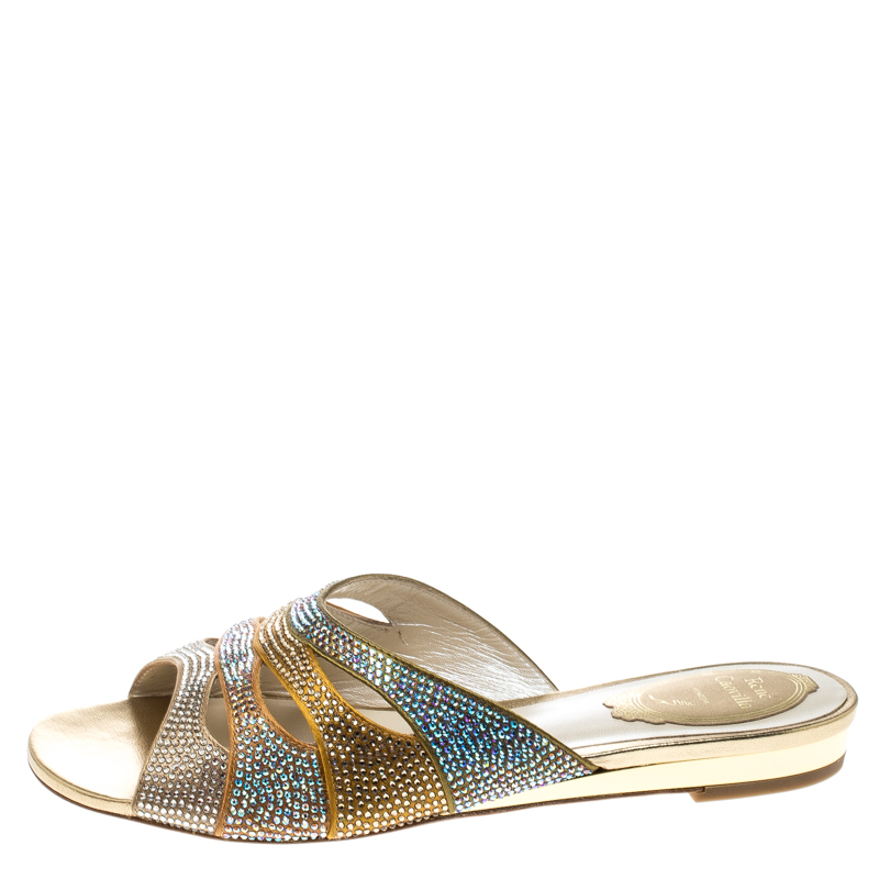 

René Caovilla Multicolor Crystal Embellished Satin Flat Slides Size