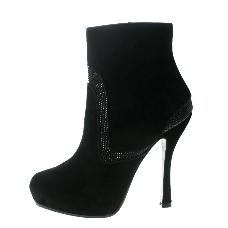 

René Caovilla Black Suede Crystal Embellished Platform Ankle Boots Size