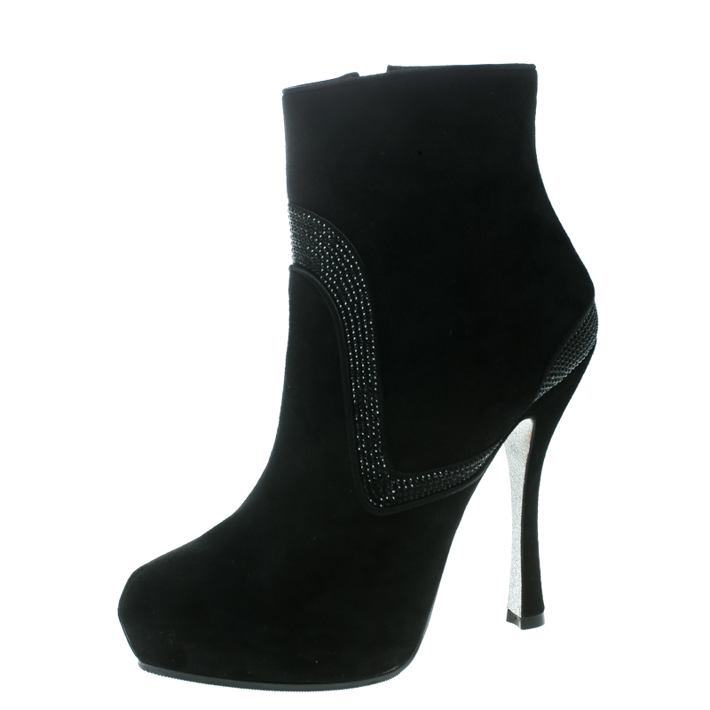 René Caovilla Black Suede Crystal Embellished Platform Ankle Boots Size 38