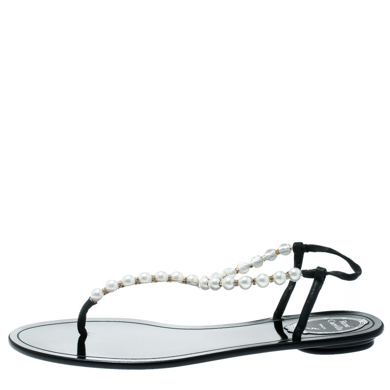 

Ren÷ Caovilla Faux Pearl Embellished Flat Thong Sandals Size, Black